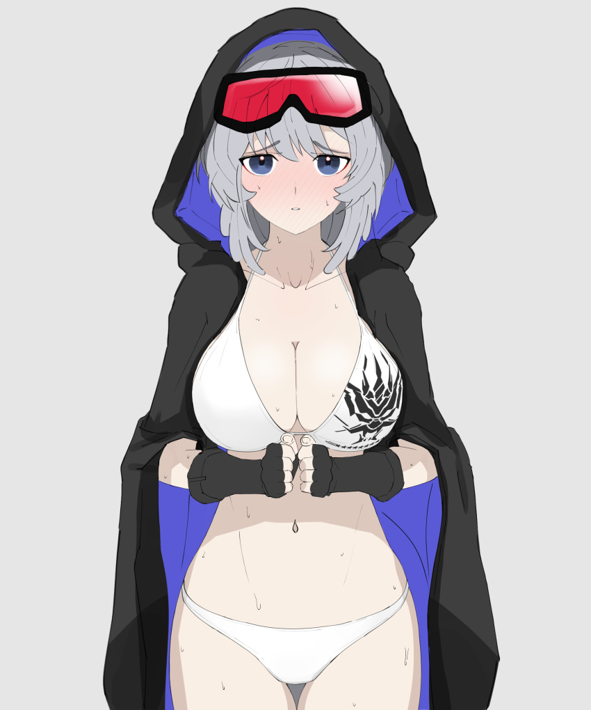 absurdres arknights bikini black_cape black_gloves blue_eyes blush cape commentary cowboy_shot embarrassed female fingerless_gloves full-face_blush gloves goggles goggles_on_head grey_hair highres hood hood_up hooded_cape kinoko_hakushaku long_hair looking_at_viewer mulberry_(arknights) navel parted_lips solo swimsuit thigh_gap white_bikini