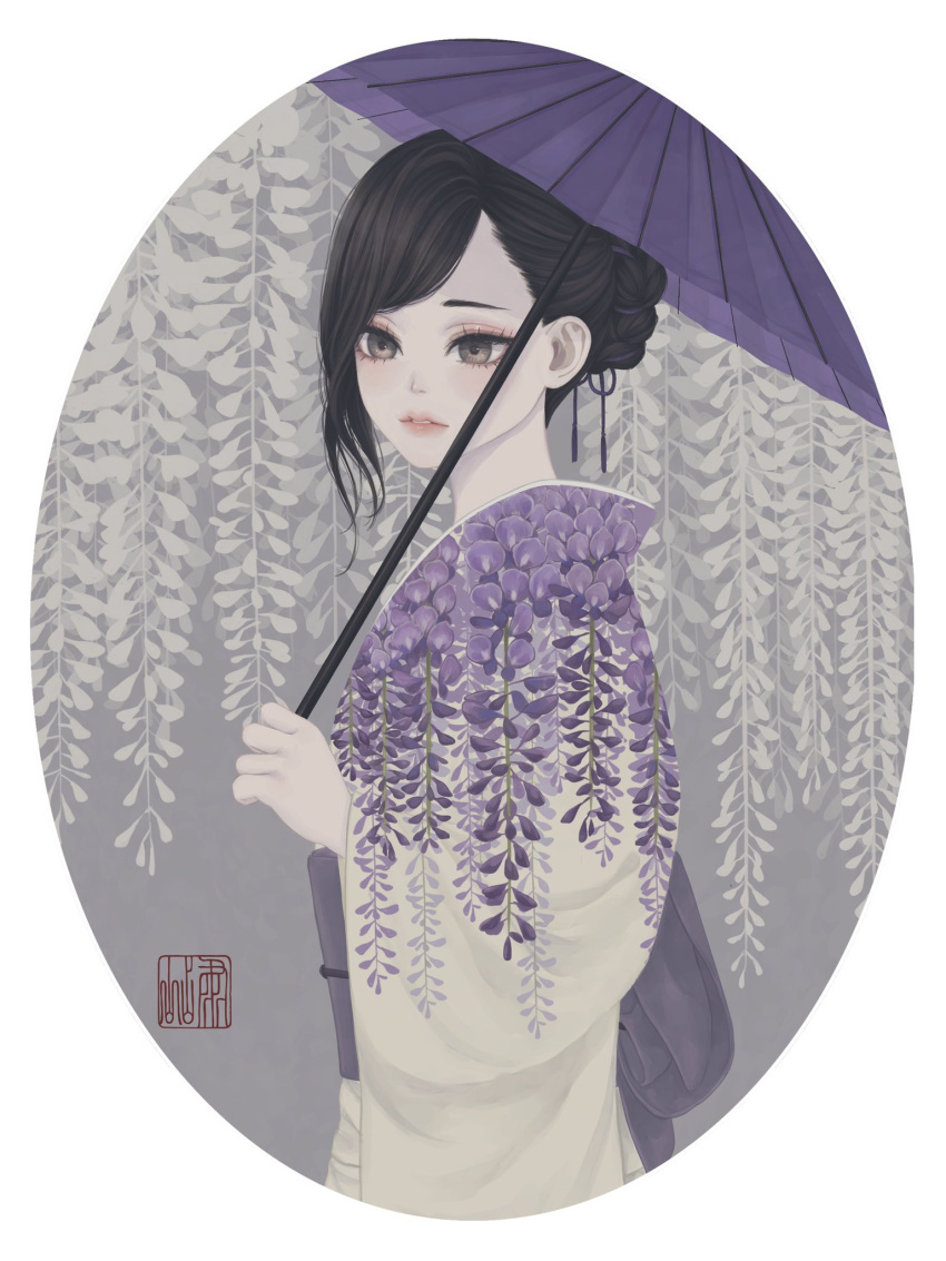 black_hair border braid braided_bun brown_eyes commentary_request female floral_print flower hair_bun highres holding holding_umbrella japanese_clothes kimono long_bangs long_sleeves looking_at_viewer looking_to_the_side obi obijime oil-paper_umbrella original oval oval_background parted_lips print_kimono purple_flower purple_sash purple_umbrella round_image sash seal_impression short_hair solo standing swept_bangs umbrella upper_body ushiyama_ame white_border white_kimono wide_sleeves wisteria wisteria_print