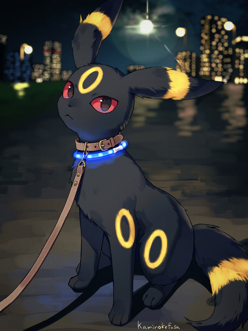 2023 3:4 ambiguous_gender black_body black_eyes black_fur building city collar depth_of_field detailed_background digital_media_(artwork) eeveelution feral full_moon fur generation_2_pokemon glowing_collar hi_res kaminokefusa leash leather leather_collar lens_flare looking_at_viewer markings moon night nintendo outside pokemon pokemon_(species) quadruped red_sclera ring_(marking) ringed_ears ringed_tail signature sky solo striped_markings striped_tail stripes tail tail_markings umbreon walking_a_pet