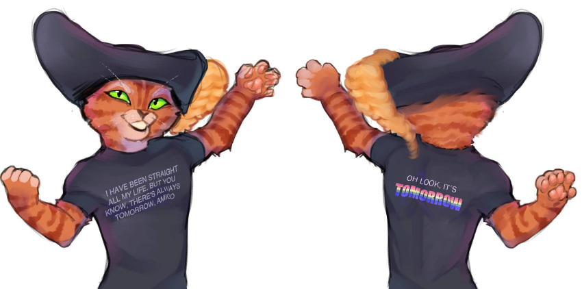 anthro clothing domestic_cat dreamworks felid feline felis front_view fur green_eyes hat headgear headwear hi_res lgbt_pride male mammal orange_body orange_fur pawpads pride_colors puss_in_boots_(character) puss_in_boots_(dreamworks) rainbow rainbow_pride_colors raised_arm rear_view shirt simple_background six-stripe_rainbow_pride_colors smile solo squibstash standing t-shirt tabby_cat text topwear whiskers white_background