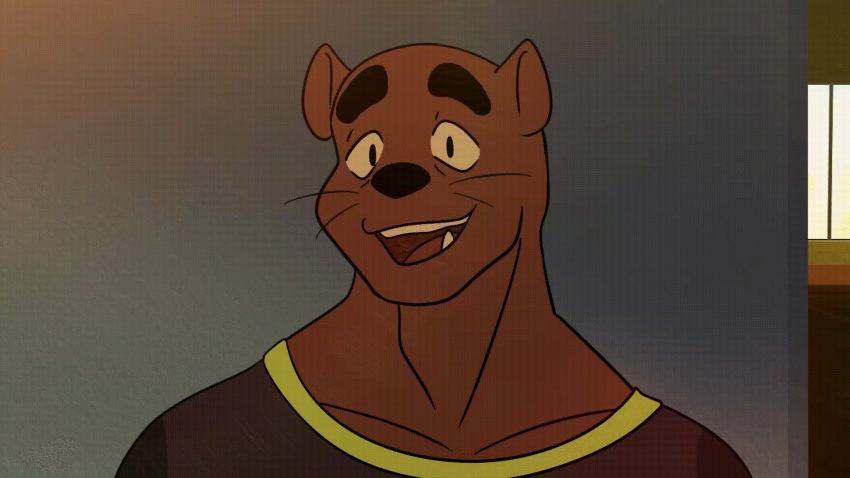 16:9 animated anthro blinking border brown_body clothed clothing fangs finally_faded gesture hi_res high_framerate looking_back male mammal muscular muscular_anthro muscular_male mustelid otter raul_(finally_faded) shirt short_playtime showing_teeth simple_background smile solo standing teeth topwear whiskers white_border widescreen youtube