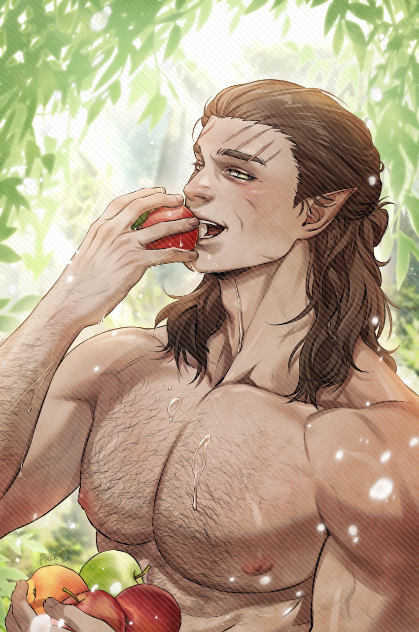 1boy apple baldur's_gate baldur's_gate_3 bara brown_hair dungeons_&_dragons eating elf food food_on_body food_on_pectorals forest fruit hairy halsin highres holding holding_food holding_fruit large_pectorals male_focus mature_male medium_hair muscular muscular_male nature nipples nude pectorals pointy_ears prika_fan red_apple solo thick_arm_hair thick_chest_hair thick_eyebrows upper_body water_drop