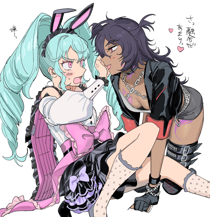 2girls all_fours animal_ear_hairband animal_ears black_collar black_gloves black_hairband black_jacket black_skirt blue_hair bow breast_tattoo breasts cleavage collar collared_shirt commentary_request dark-skinned_female dark_skin drill_hair fake_animal_ears furrowed_brow genderswap_(mtf) gloves hair_over_one_eye hairband highres idol_clothes idol_land_pripara jacket katasumi_amari leg_tattoo long_hair long_sleeves looking_at_another mario_(pripara) medium_breasts multiple_girls open_mouth pink_bow pink_eyes pretty_series pripara puffy_long_sleeves puffy_sleeves pushing_away rabbit_ear_hairband rabbit_ears red_eyes rule_63 shirt short_hair simple_background sitting skirt smile tattoo translation_request twin_drills twintails very_long_hair white_background white_shirt yumei_(jigoku101) yuri