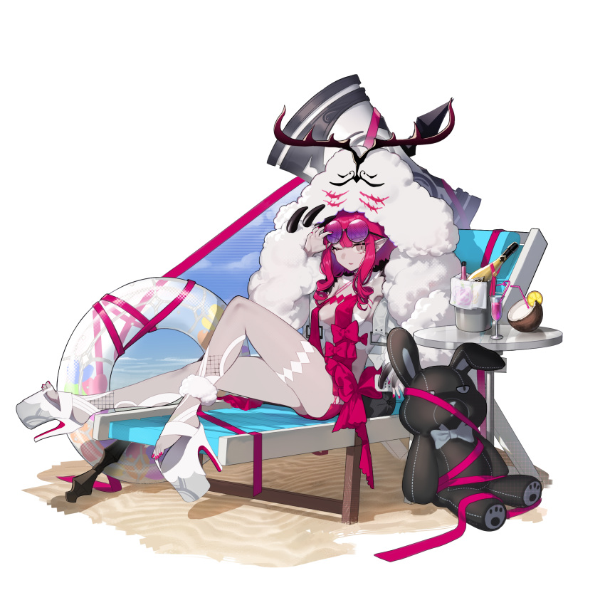 absurdres baobhan_sith_(fate) baobhan_sith_(swimsuit_pretender)_(fate) baobhan_sith_(swimsuit_pretender)_(first_ascension)_(fate) beach beach_chair bottle bow breasts cernunnos_(fate) character_hood coconut detached_collar drink eyewear_on_head fate/grand_order fate_(series) feet female full_body fur-trimmed_jacket fur_trim grey_eyes hammer hand_up highres innertube jacket legs long_hair looking_at_viewer microskirt nail_polish newflame ocean one_eye_closed pink_hair platform_footwear platform_heels pointy_ears red_bow red_nails red_skirt round_eyewear sand sandals sidelocks sitting skirt solo stuffed_animal stuffed_rabbit stuffed_toy sunglasses swim_ring table thighs toenail_polish toenails transparent_background white_footwear white_headwear white_jacket wine_bottle