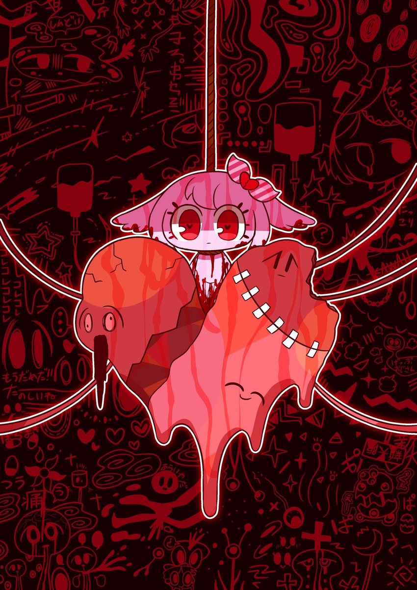 abstract_background blood blood_on_body blood_on_face bow chibi chibi_only closed_mouth colored_skin dendenshindenzu_(vocaloid) female hairbow heart heart-shaped_pupils highres looking_at_viewer noose original partially_shaded_face pepoyo pink_hair pink_skin red_bow red_eyes short_hair solo standing symbol-shaped_pupils vocaloid