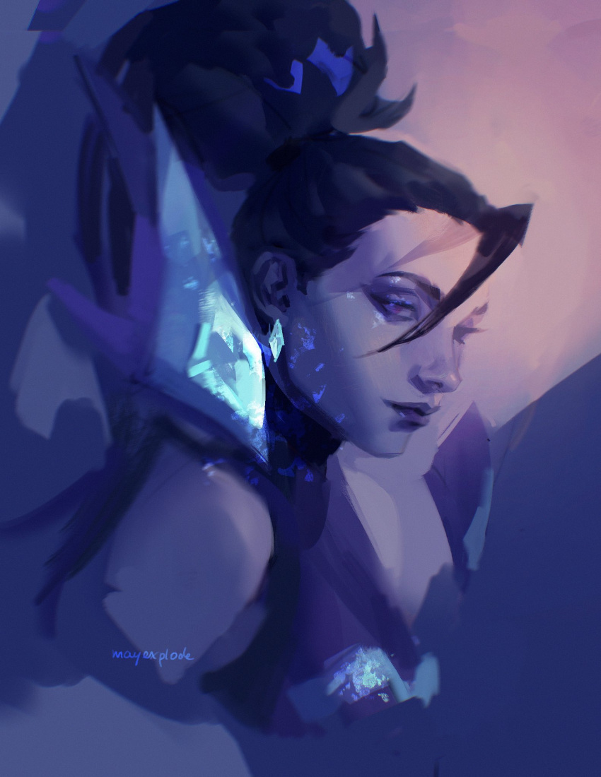 aina_(mayexplode) black_hair close-up closed_mouth crop_top cropped_torso detached_wings female highres k/da_all_out_kai'sa kai'sa league_of_legends looking_at_viewer ponytail solo wings