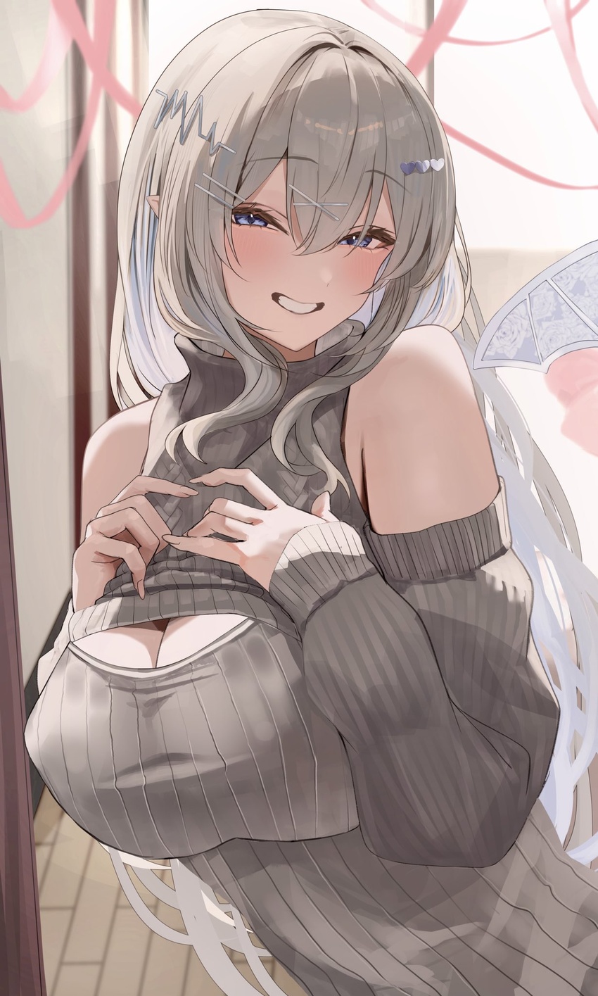 bare_shoulders blue_eyes blush breasts cleavage commentary detached_sleeves female grey_hair grey_sweater hair_between_eyes hair_intakes hair_ornament hand_on_own_chest heart heart_hair_ornament highres large_breasts long_hair long_sleeves oreazu original pointy_ears puffy_long_sleeves puffy_sleeves ribbed_sweater sleeveless sleeveless_turtleneck smile solo sweater symbol-only_commentary turtleneck upper_body x_hair_ornament