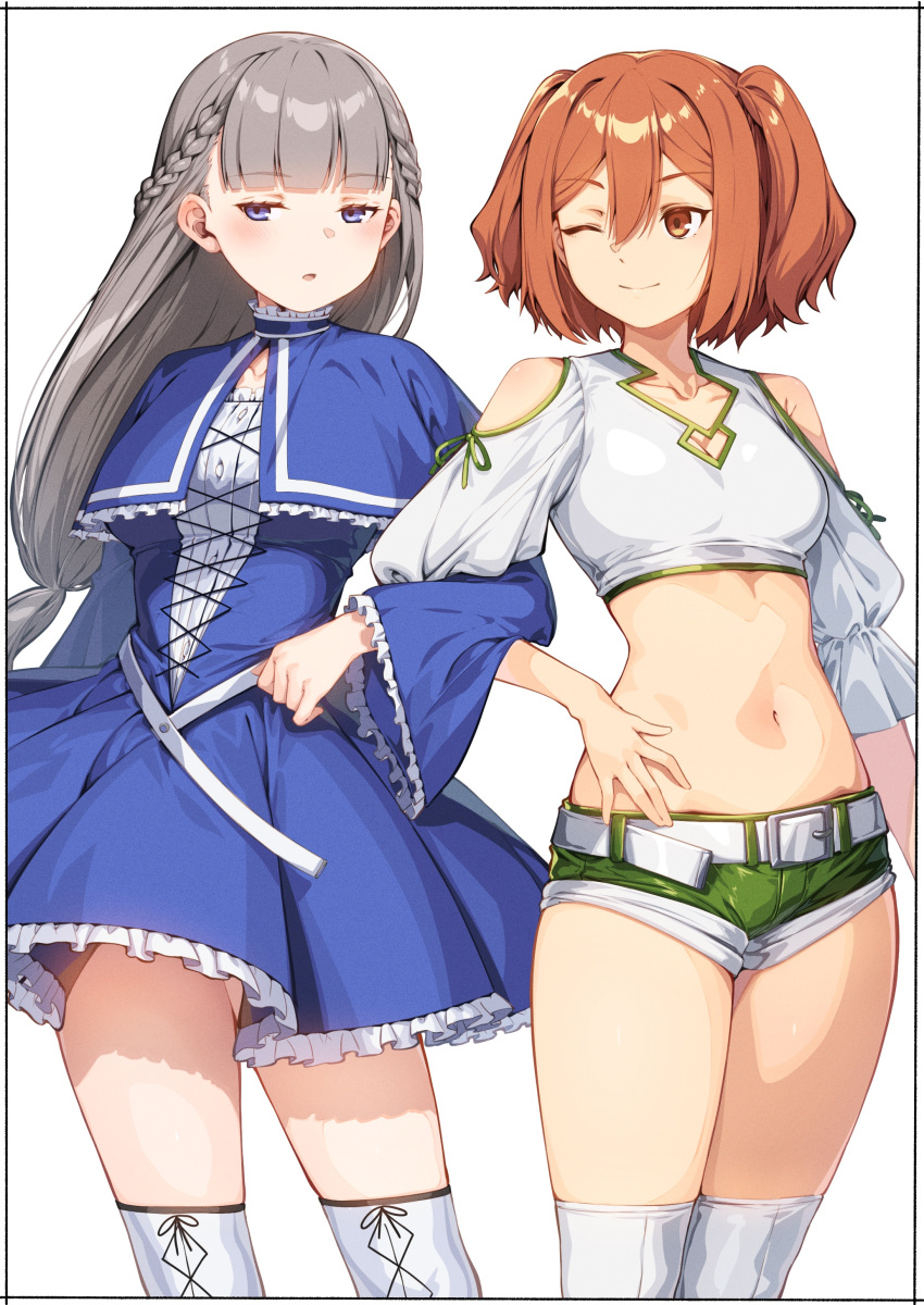 2girls absurdres bare_shoulders belt blue_dress blue_eyes braid breasts cleavage cleavage_cutout closed_mouth clothing_cutout collarbone commentary cowboy_shot crop_top dress frilled_dress frills green_shorts grey_hair highres kanne_(sousou_no_frieren) kei_(soundcross) lawine_(sousou_no_frieren) locked_arms long_hair long_sleeves looking_at_viewer medium_hair micro_shorts midriff multiple_girls navel one_eye_closed orange_eyes orange_hair shirt short_shorts shorts shoulder_cutout simple_background small_breasts smile sousou_no_frieren standing stomach thighhighs thighs two_side_up white_background white_shirt white_thighhighs zettai_ryouiki