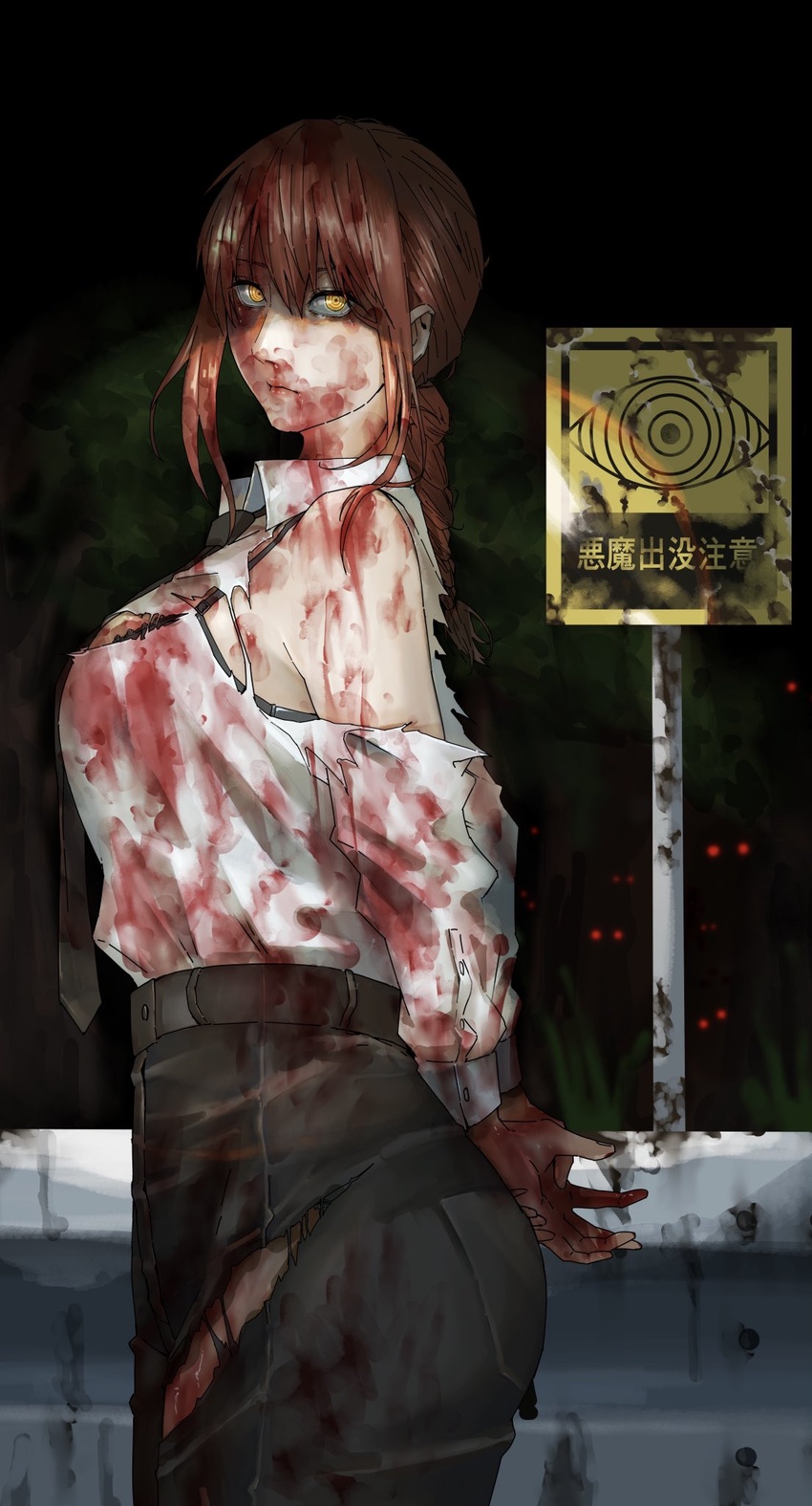 arms_behind_back black_background black_necktie black_pants blood blood_on_clothes blood_on_face blood_on_hands braid braided_ponytail breasts business_suit chainsaw_man commentary_request erupusai2 female highres long_hair looking_at_viewer makima_(chainsaw_man) necktie pants plate red_hair ringed_eyes shirt solo suit torn_clothes white_shirt yellow_eyes