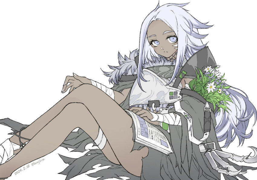 arknights armor ass bandaged_arm bandaged_leg bandages black_cape bonjirix book_on_lap cape commentary dark-skinned_female dark_skin dated feet_out_of_frame female flower highres inam_(arknights) knee_up long_hair purple_eyes purple_hair simple_background solo twitter_username white_background