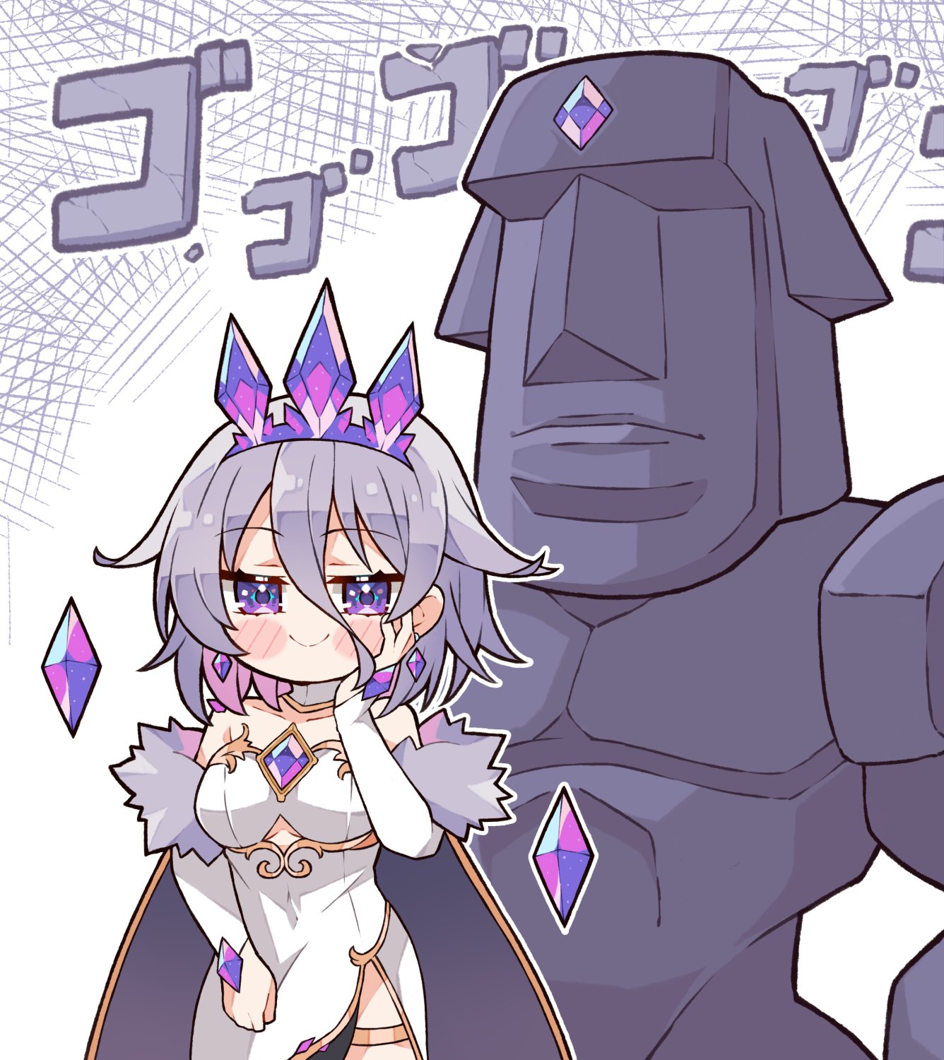 blush breasts bridal_gauntlets cape commentary dadseki_(koseki_bijou) dress earrings elbow_gloves english_commentary female fur_trim gem gloves gold_trim grey_hair hair_flaps hand_on_own_cheek hand_on_own_face highres hololive hololive_english jewelry kukie-nyan looking_at_viewer moai moai_(koseki_bijou) momseki_(koseki_bijou) off_shoulder purple_cape purple_eyes purple_gemstone side_slit smile solo stand_(jojo) thigh_strap tiara white_dress white_gloves