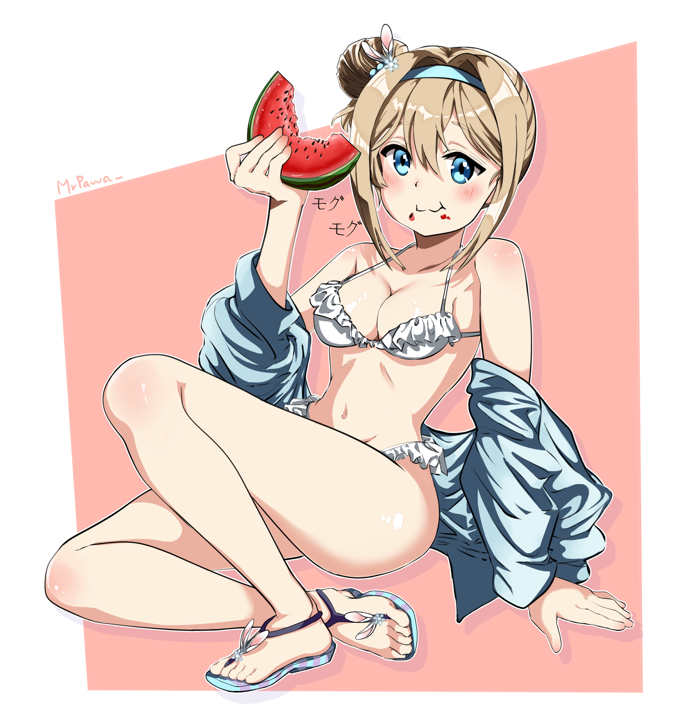 absurdres bikini blonde_hair blue_eyes breasts cleavage eating female food frilled_bikini frills fruit full_body girls'_frontline highres looking_at_viewer mrpawa official_alternate_costume solo suomi_(girls'_frontline) suomi_(midsummer_pixie)_(girls'_frontline) swimsuit watermelon watermelon_slice white_bikini