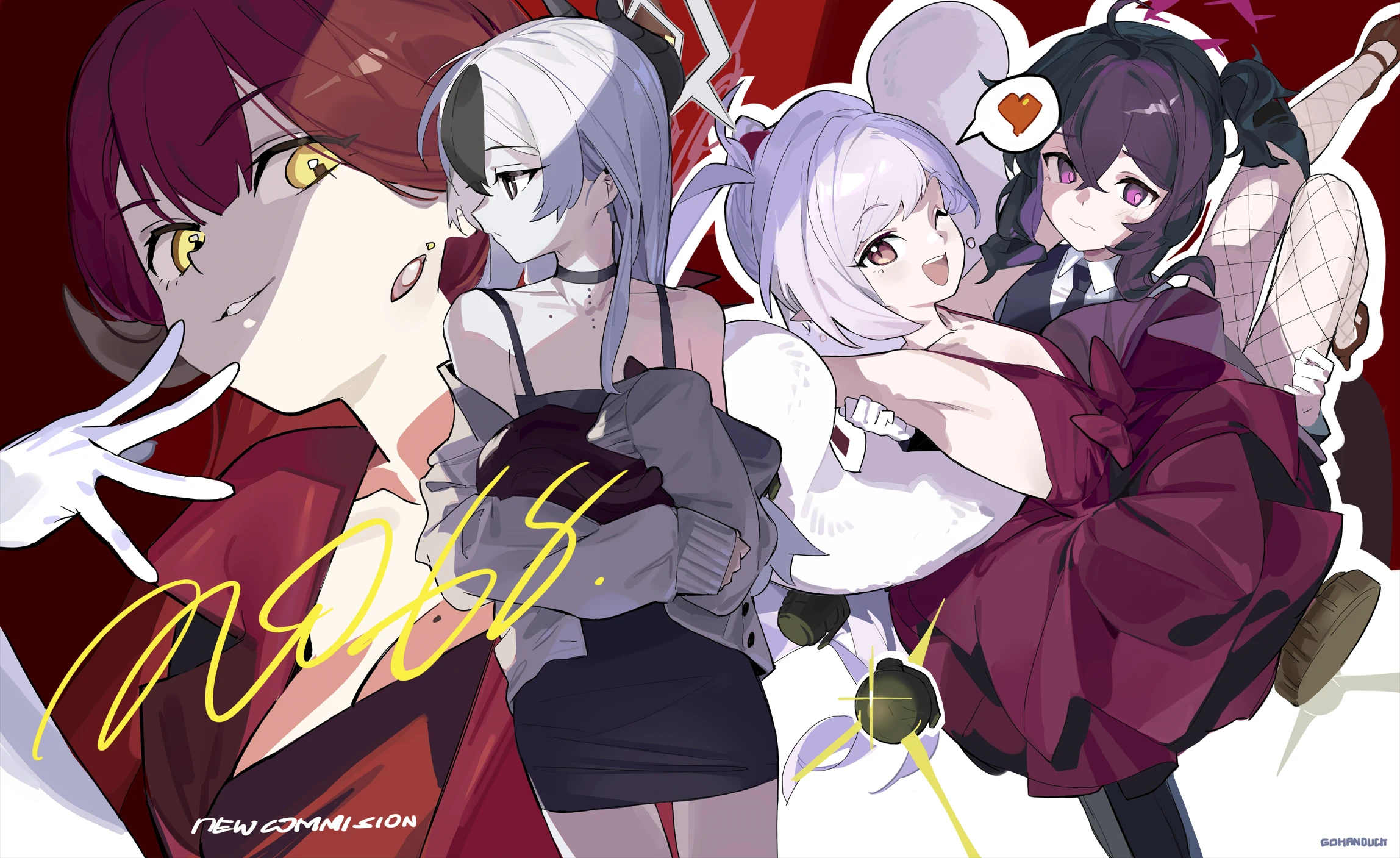 4girls armpits aru_(blue_archive) aru_(dress)_(blue_archive) black_dress black_hair black_horns black_necktie blue_archive brown_eyes closed_mouth coat collared_shirt demon_horns dress gohanduck grey_hair grey_halo grey_jacket hair_between_eyes halo haruka_(blue_archive) haruka_(suit)_(blue_archive) highres horns jacket kayoko_(blue_archive) kayoko_(dress)_(blue_archive) long_hair medium_hair multicolored_hair multiple_girls mutsuki_(blue_archive) mutsuki_(dress)_(blue_archive) necktie official_alternate_costume one_eye_closed open_clothes open_jacket open_mouth problem_solver_68_(blue_archive) purple_eyes purple_hair purple_halo red_coat red_dress red_hair red_halo shirt smile white_fur white_shirt yellow_eyes