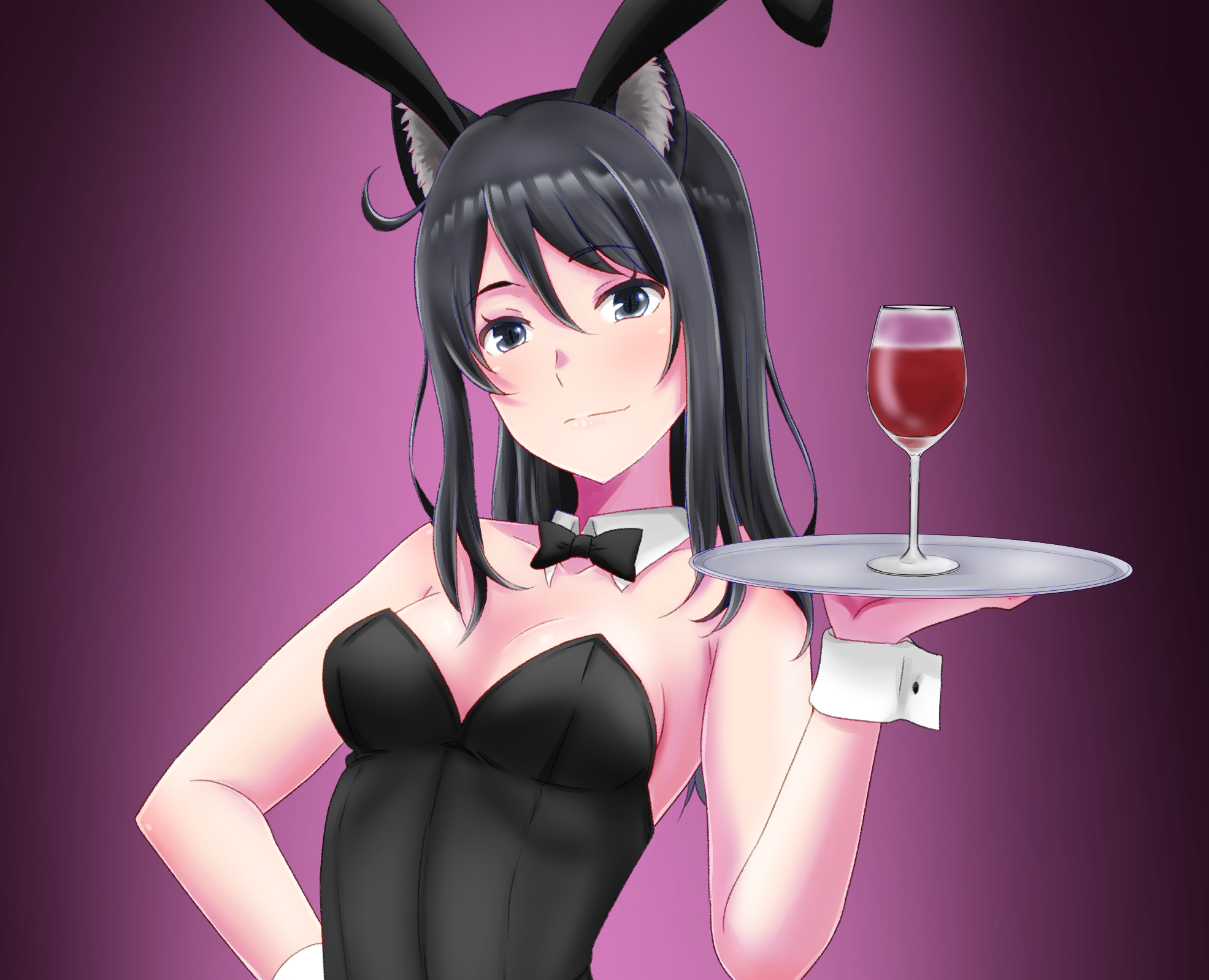 animal_ears black_bow black_bowtie black_eyes black_hair black_leotard bow bowtie breasts character_request cleavage closed_mouth copyright_request cup detached_collar drinking_glass fake_animal_ears female hand_on_own_hip highres holding holding_tray leotard long_hair looking_at_viewer medium_breasts playboy_bunny rabbit_ears rika_rkgk smile solo tray upper_body white_wrist_cuffs wine_glass wrist_cuffs