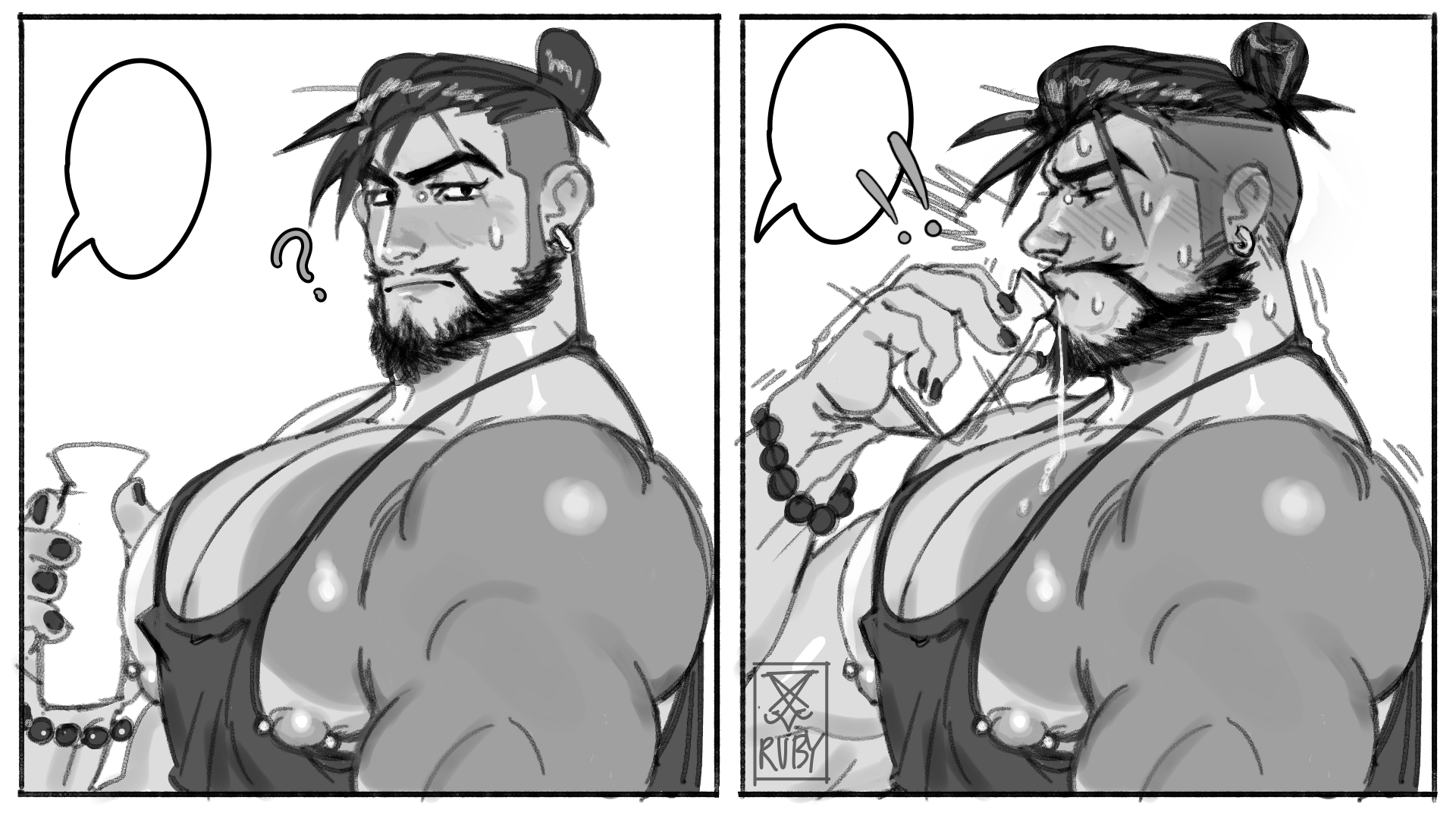 1boy ? alternate_pectoral_size baggy_clothes bara barbell_piercing bare_pectorals beard black_hair black_tank_top blank_speech_bubble blush connected_beard drinking facial_hair food_on_body food_on_pectorals from_side full_beard hair_bun hanzo_(overwatch) highres huge_pectorals looking_at_viewer male_focus mature_male multiple_views muscular muscular_male nipples overwatch pectorals piercing profile rubylucifera short_hair single_hair_bun speech_bubble tan tank_top tattoo thick_beard thick_eyebrows undercut