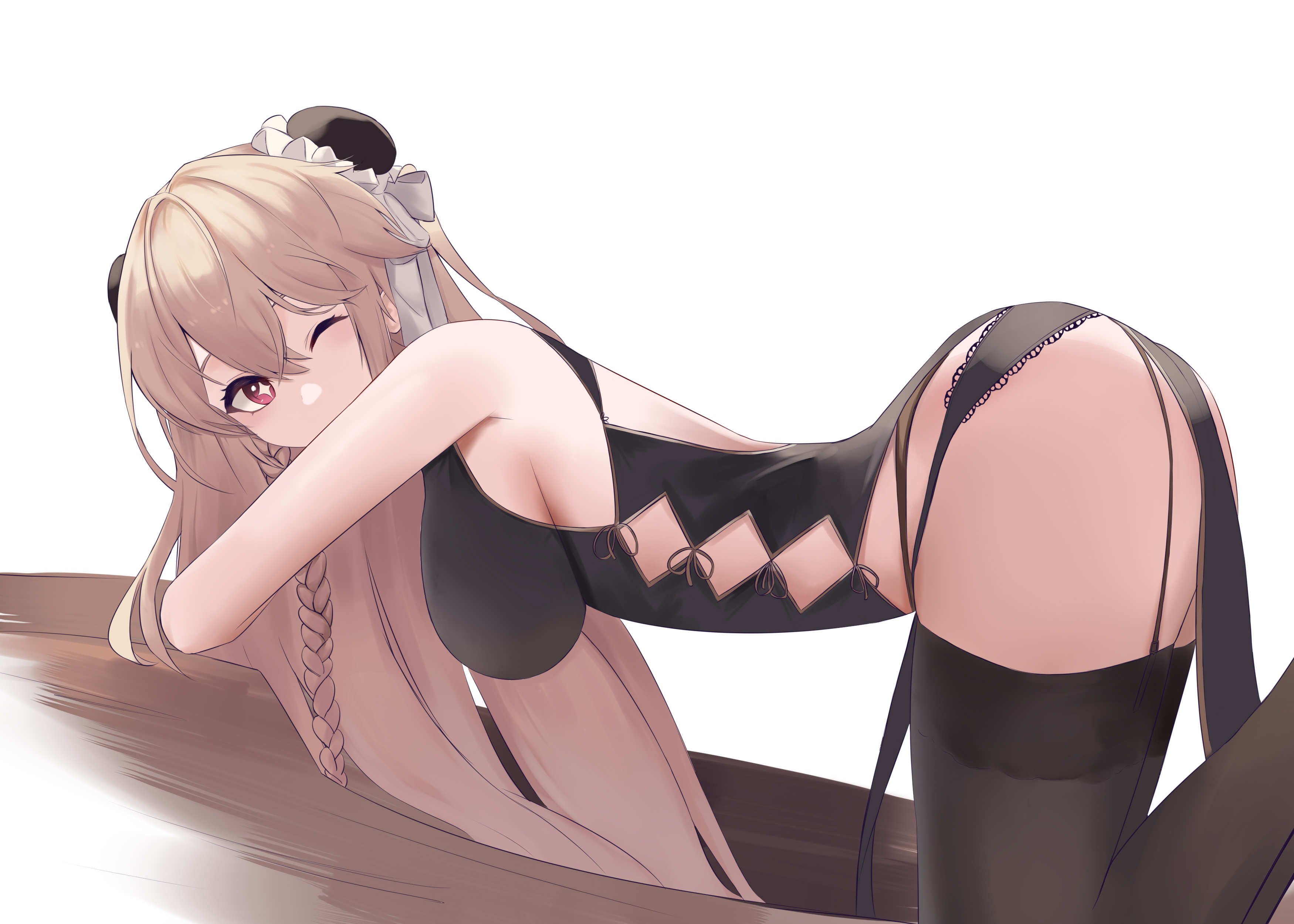 absurdres all_fours anchorage_(azur_lane) anchorage_(moonlit_boat_ride)_(azur_lane) azur_lane back_cutout backless_dress backless_outfit bare_shoulders black_panties black_thighhighs braid breasts bun_cover china_dress chinese_clothes clothing_cutout double_bun dress female from_side garter_straps hair_bun highres lace-trimmed_panties lace_trim light_brown_hair long_hair looking_at_viewer obniermarbiss one_eye_closed panties single_braid sleeveless sleeveless_dress sparkling_eyes thighhighs underwear white_background