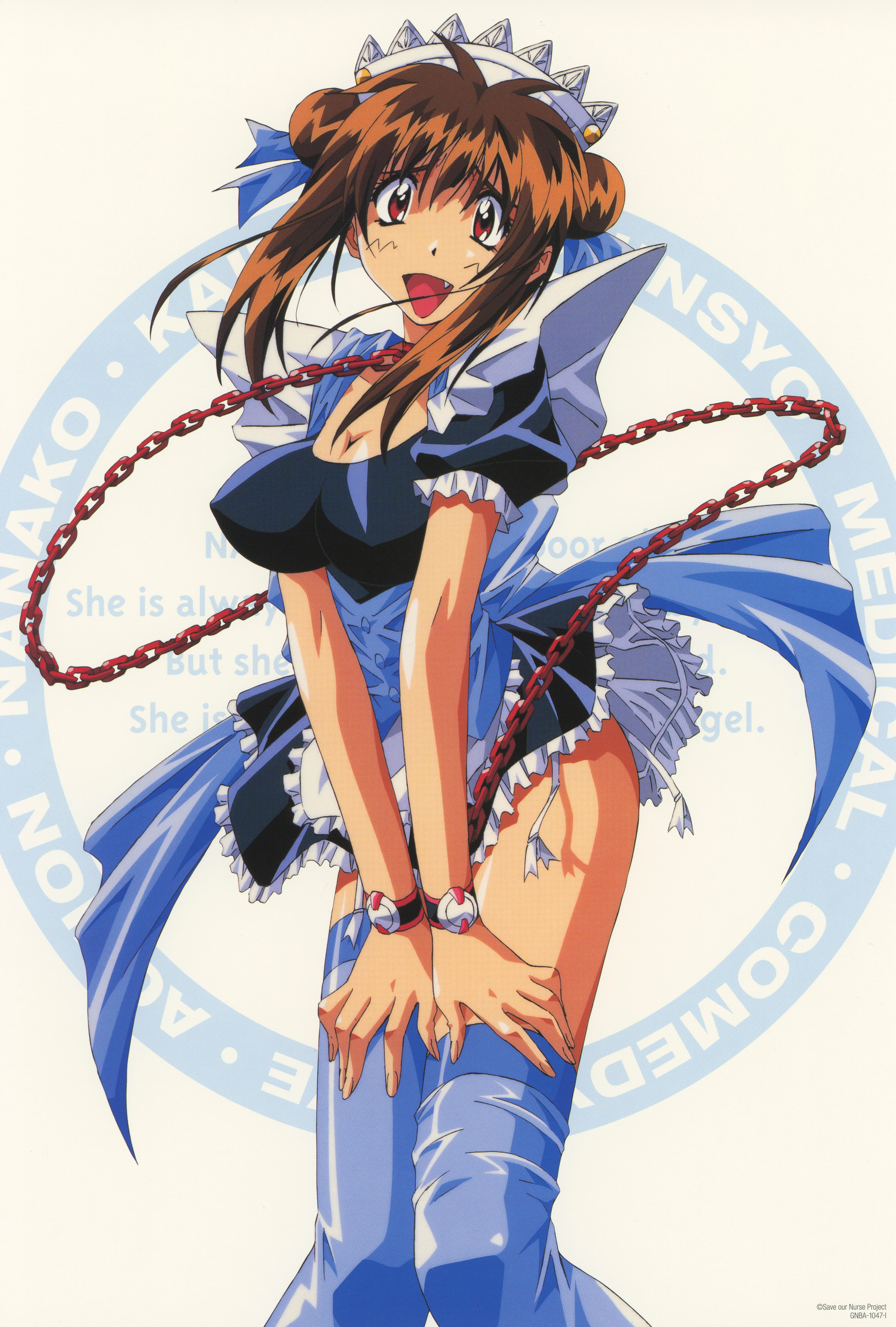 absurdres apron blue_thighhighs breasts brown_hair chains cleavage copyright_notice double_bun feet_out_of_frame female garter_straps hair_bun hands_on_own_thighs highres large_breasts long_hair maid_apron maid_headdress nanako_kaitai_shinsho non-web_source oerba_yun_fang official_art open_mouth perky_breasts photoshop_(medium) puffy_short_sleeves puffy_sleeves red_eyes scan shichigusa_nanako short_sleeves solo thighhighs wristband yamashita_toshinari