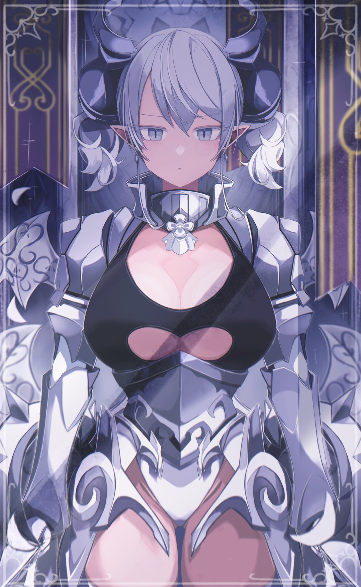 armor breasts cleavage cleavage_cutout clothing_cutout demon_girl demon_horns demon_wings duel_monster female gauntlets grey_eyes hair_between_eyes highres horns lady_labrynth_of_the_silver_castle large_breasts looking_at_viewer lovely_labrynth_of_the_silver_castle low_wings pointy_ears sakuragi_raia solo twintails wings yu-gi-oh!