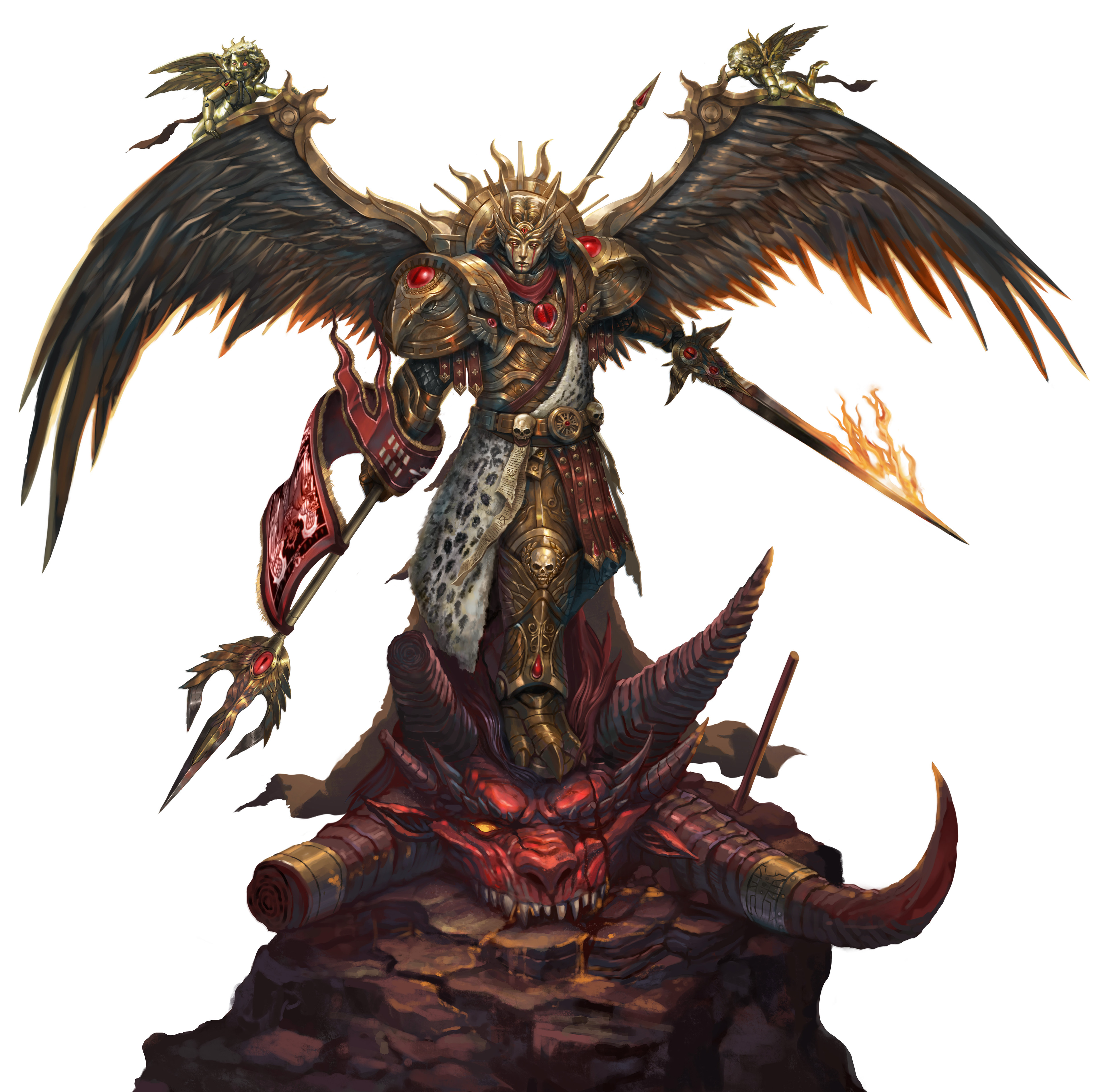 1boy absurdres angel_wings armor banner blade_encarmine blonde_hair blood_angels broken_horns chaos_(warhammer) cherub demon demon_horns eyes_of_horus_(warhammer_40k) fire flaming_sword flaming_weapon gem glowing glowing_eyes gold gold_armor halo highres holding holding_weapon horns kheljay leopard_pelt long_hair mask multiple_horns no_pupils one-eyed ornate ornate_armor ornate_weapon pauldrons pelt power_armor primarch red_eyes red_gemstone sanguinius sharp_teeth shoulder_armor simple_background spear_of_telesto sword teardrop-shaped_gem teeth warhammer_40k weapon white_background wings yellow_eyes