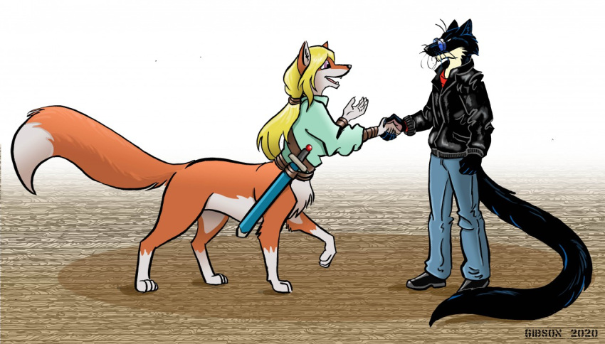 2020 anthro assassin black_body black_claws black_fur black_tail blonde_hair bottomwear canid canid_taur canine canine_taur cheek_tuft claws clothing countershade_neck countershade_torso countershading denim denim_bottomwear denim_clothing dipstick_tail duo emily_(tyvulpine) eye_contact eyewear facial_tuft female fist footwear fox fox_taur fur gesture glasses greeting gulonine hair handshake inner_ear_fluff jack_salem jacket jeans leather leather_clothing leather_jacket leather_topwear long_hair long_tail looking_at_another male mammal mammal_taur markings marten meeting melee_weapon multicolored_body multicolored_fur mustelid musteline open_mouth orange_body orange_fur pants pince-nez purple_eyes roz_gibson sable_(marten) serial_killer shoes signature standing sword tail tail_markings taur topwear tuft two_tone_body two_tone_fur weapon whiskers white_body white_fur