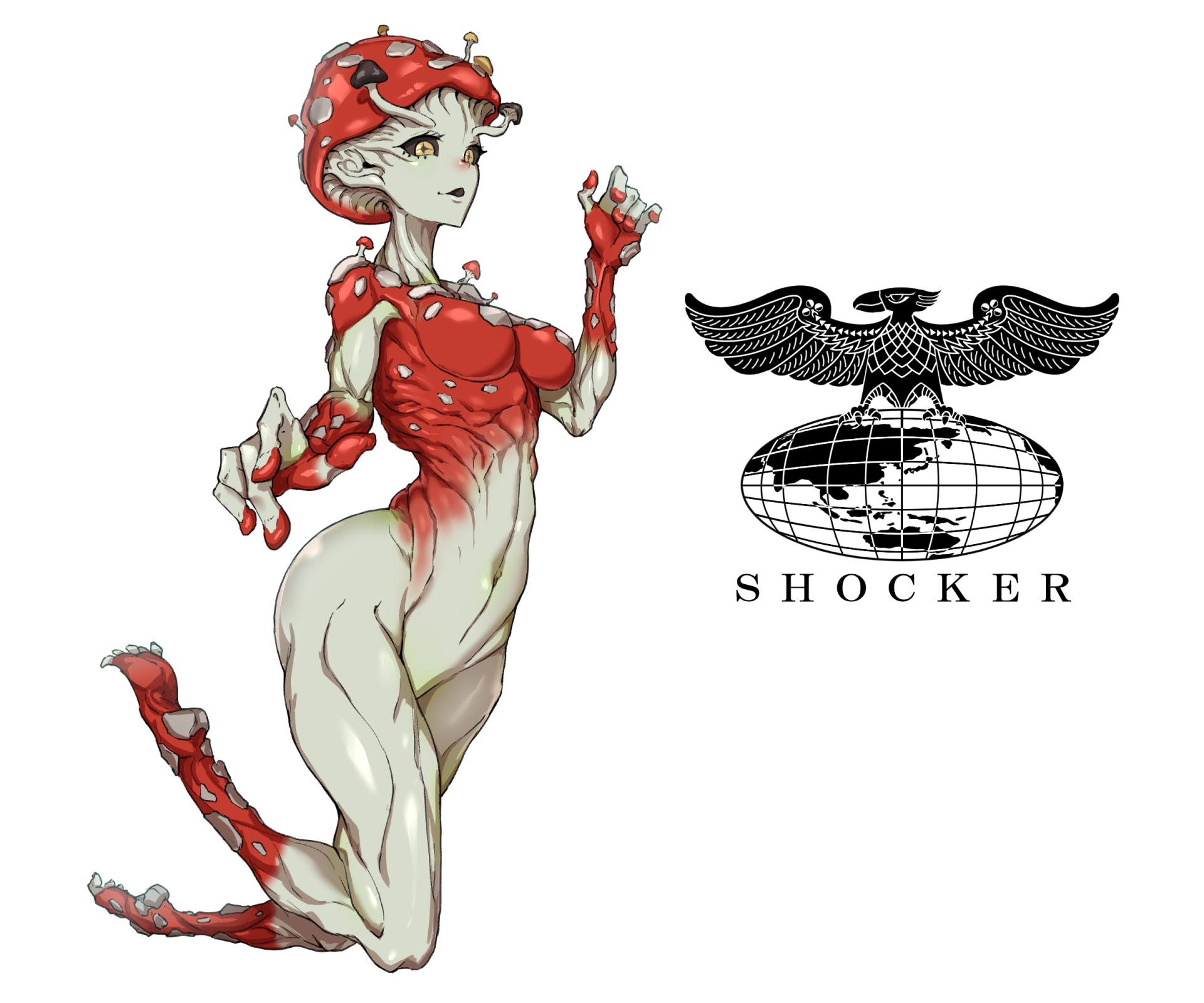 black_sclera colored_sclera colored_skin commentary eidenjyou1997 english_commentary female genderswap_(mtf) highres kaijin kamen_rider kamen_rider_(1st_series) kinokomorgue logo monster_girl mushroom_girl navel open_mouth red_skin rule_63 shocker_(kamen_rider) simple_background solo white_background yellow_eyes