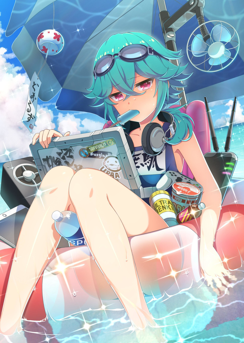 absurdres blue_hair blue_one-piece_swimsuit character_name cloud collarbone controller day female food game_controller goggles goggles_on_head hair_between_eyes hair_over_shoulder headphones headphones_around_neck highres innertube long_hair looking_at_viewer mouth_hold official_art one-piece_swimsuit outdoors parasol pink_eyes ponytail popsicle project_tokyo_dolls school_swimsuit sitting soaking_feet solo sparkle swim_ring swimsuit umbrella yamada_(project_tokyo_dolls)