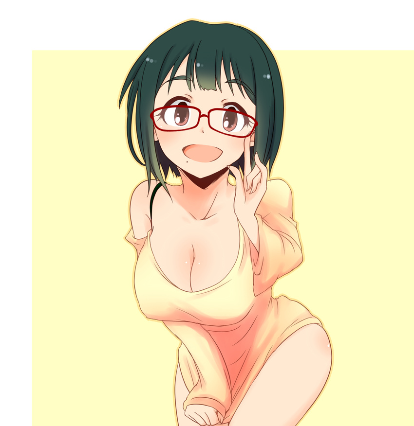 :d adjusting_eyewear bare_shoulders bespectacled blunt_bangs blush bottomless bra_strap breasts cleavage commentary_request covering_crotch covering_privates cowboy_shot female glasses green_hair happy highres idolmaster idolmaster_(classic) index_finger_raised large_breasts leaning_forward looking_at_viewer maiko_(yoshida308) mole mole_under_mouth off_shoulder open_mouth otonashi_kotori outline pinky_out red-framed_eyewear red_eyes shirt_tug short_hair simple_background sleeves_past_wrists smile solo standing yellow_background