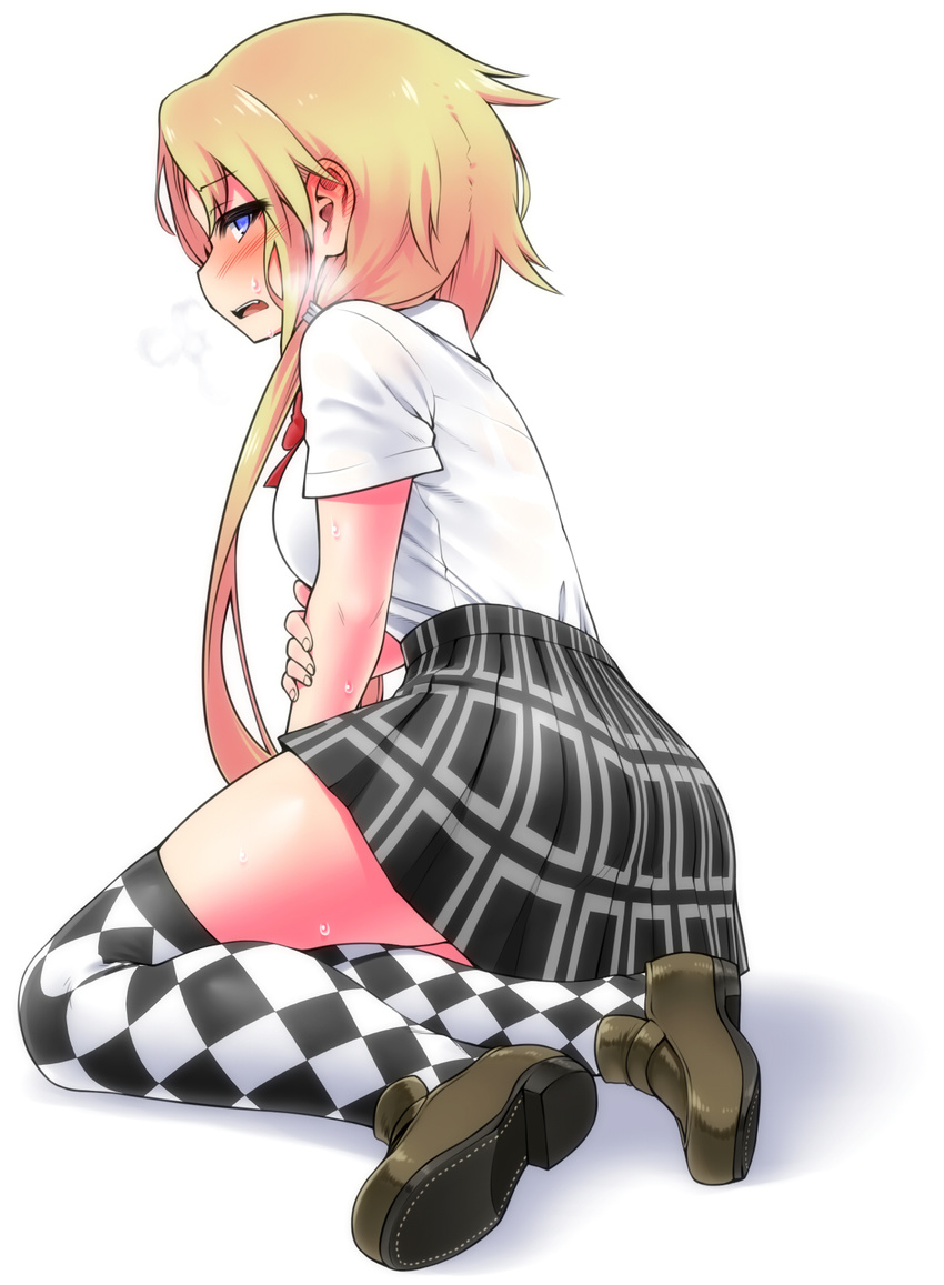 argyle_clothes argyle_legwear blonde_hair blue_eyes blush breath checkered_clothes checkered_legwear commentary_request ear_blush female full_body highres himekawa_hinari loafers long_hair looking_at_viewer looking_back open_mouth original pleated_skirt shoes short_sleeves simple_background sitting skirt solo sweat thighhighs uniform white_background yoshida_hideyuki zettai_ryouiki