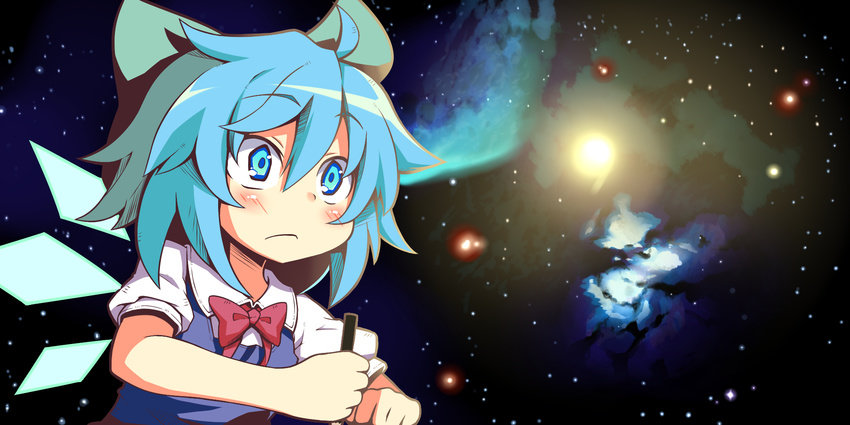 blue_eyes blue_hair bow cirno commentary_request dorowa_no_hito female hairbow highres ice ice_wings parody pen solo space star_(sky) touhou universe wings