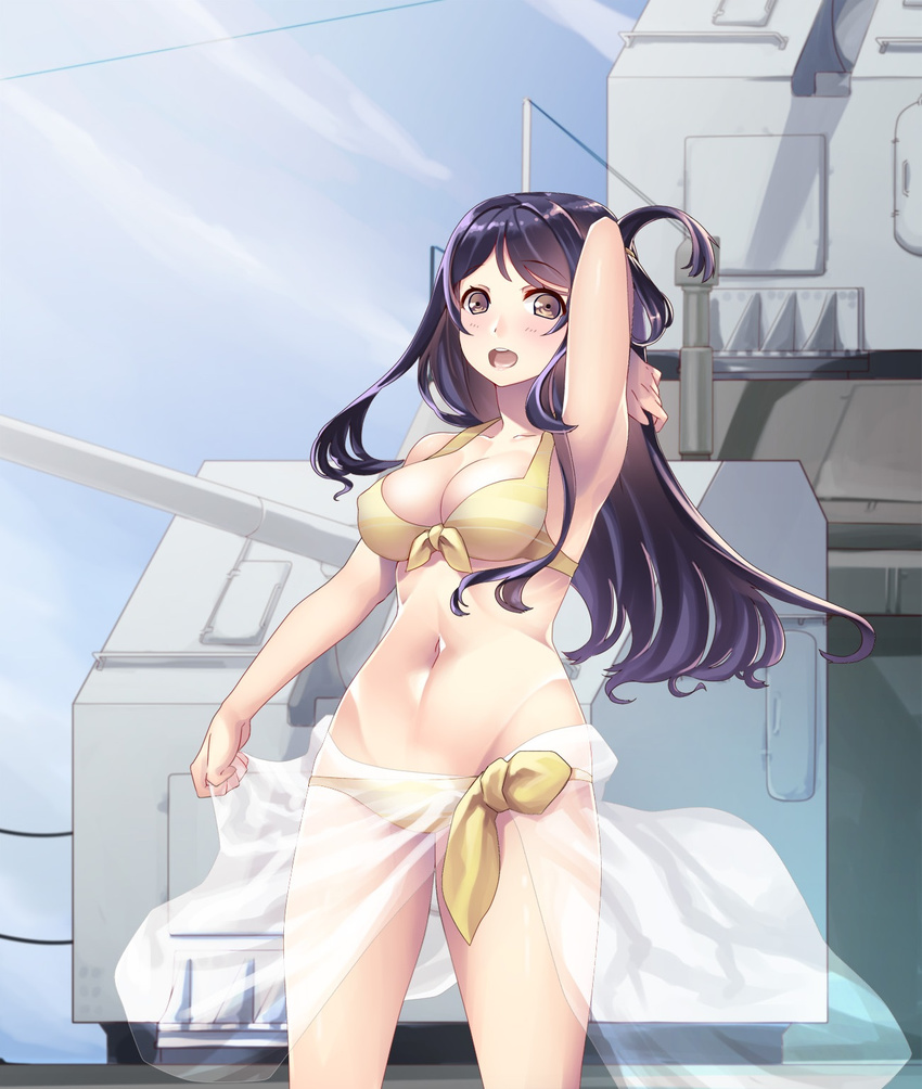 :d arm_up armpits bikini blush breasts brown_eyes cleavage cloud collarbone commentary_request cowboy_shot day eyebrows female folded_hair front-tie_bikini_top front-tie_top groin hiememiko high_school_fleet highres holding large_breasts legs_apart long_hair looking_at_viewer marikouji_kaede navel one_side_up open_mouth sarong see-through shade ship side-tie_bikini_bottom sky smile solo stomach swimsuit turret watercraft yellow_bikini