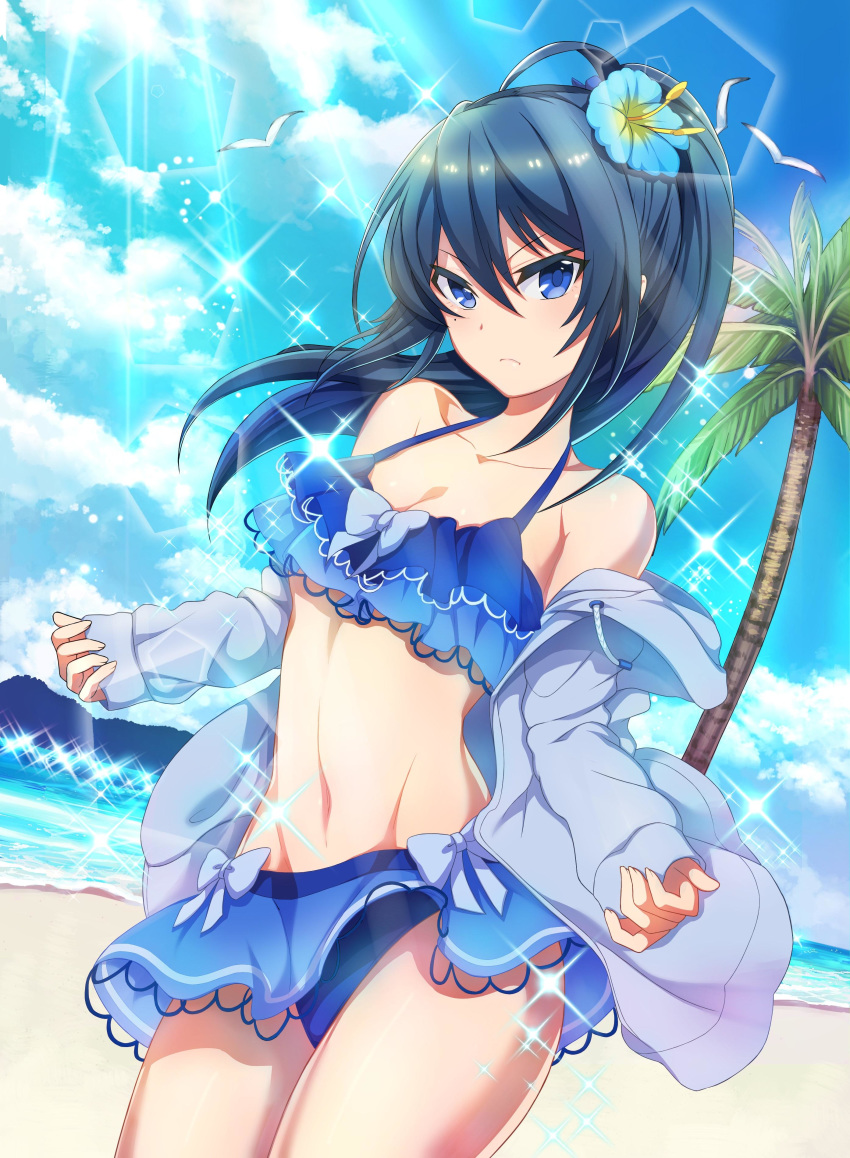 absurdres bikini bird blue_bikini blue_eyes blue_hair blue_jacket blue_sky breasts cleavage clothes_down cloud collarbone cowboy_shot day female floating_hair flower frown groin hair_between_eyes hibiscus high_ponytail highres hood hood_down hooded_jacket jacket long_hair looking_at_viewer medium_breasts misaki_(project_tokyo_dolls) mole mole_under_eye navel official_art open_clothes open_jacket outdoors palm_tree project_tokyo_dolls sky solo sunlight swimsuit tree v-shaped_eyebrows