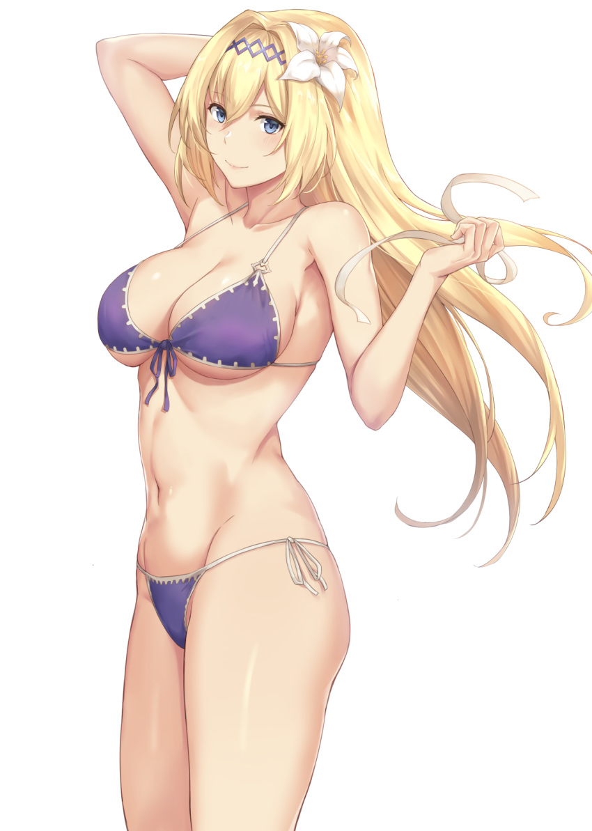 arm_up bare_shoulders bikini blonde_hair blush breasts cleavage closed_mouth collarbone commentary diadem female flower front-tie_bikini_top front-tie_top granblue_fantasy hair_between_eyes hair_flower hair_intakes hair_ornament hair_ribbon hand_in_own_hair has_bad_revision has_downscaled_revision highres jeanne_d'arc_(granblue_fantasy) jeanne_d'arc_(summer)_(granblue_fantasy) large_breasts long_hair looking_at_viewer md5_mismatch navel official_alternate_costume purple_bikini resolution_mismatch ribbon simple_background smile solo source_smaller swimsuit terry_(pixiv3274443) white_background white_flower white_ribbon