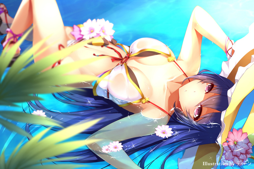 absurdres afloat artist_name bangle bikini blue_hair blurry bracelet breasts chinese_commentary commentary_request dean_(momodean) depth_of_field eyelashes female flower front-tie_bikini_top front-tie_top hat hat_flower hat_ribbon highres jewelry kasumi_(shironeko_project) knee_up large_breasts leaf long_hair lying navel on_back parted_lips partially_submerged purple_eyes red_ribbon ribbon ribbon-trimmed_bikini ribbon-trimmed_swimsuit ribbon_trim sandals shironeko_project side-tie_bikini_bottom solo sparkle sun_hat swimsuit water wet white_bikini