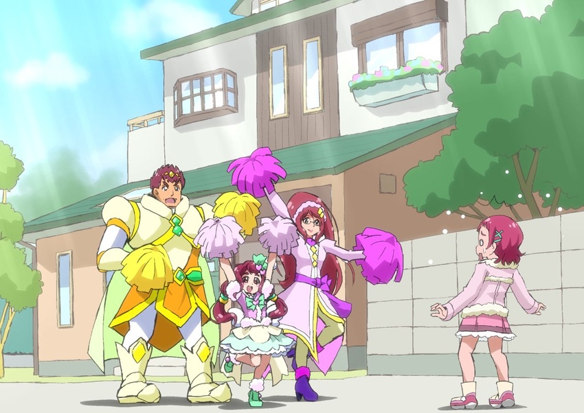 1boy 3girls arms_up boots cape cheering circlet dress family frilled_dress frills fur_trim glasses green_footwear hair_ornament heart heart_hair_ornament hugtto!_precure itommy magical_boy magical_girl mature_female multiple_girls nono_hana nono_kotori nono_shintarou nono_sumire pink_hair pink_skirt pom_pom_(clothes) precure puffy_short_sleeves puffy_sleeves purple_footwear short_sleeves skirt spoilers surprised sweatdrop tree twintails white_legwear