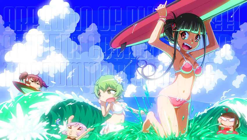 5girls aoki_hagane_no_arpeggio ashigara_(aoki_hagane_no_arpeggio) bad_id bad_pixiv_id bikini black_hair chibi cloud day fangs fish haguro_(aoki_hagane_no_arpeggio) hiei_(aoki_hagane_no_arpeggio) highres kamo_3 long_hair multiple_girls myoukou_(aoki_hagane_no_arpeggio) nachi_(aoki_hagane_no_arpeggio) photoshop_(medium) red_eyes surfboard swimsuit water