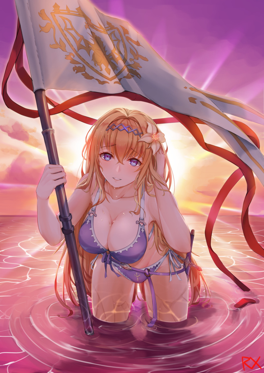 absurdres adjusting_hair bare_shoulders bikini blonde_hair breasts cleavage collarbone commentary diadem female flag flower front-tie_bikini_top front-tie_top granblue_fantasy hair_between_eyes hair_flower hair_intakes hair_ornament hairband highres holding holding_flag jeanne_d'arc_(granblue_fantasy) jeanne_d'arc_(summer)_(granblue_fantasy) large_breasts leaning_forward looking_at_viewer nixour ocean official_alternate_costume partially_submerged purple_bikini ripples side-tie_bikini_bottom sky solo sunlight sunset swimsuit water water_drop waves wet white_flower