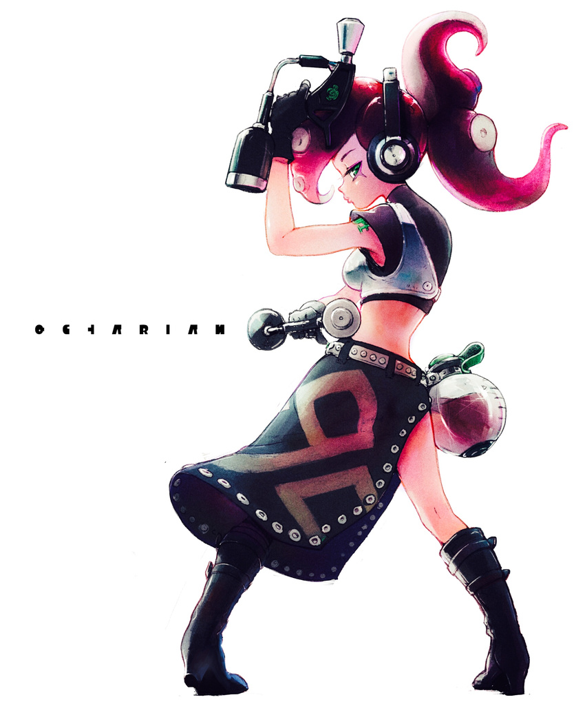 absurdres alternate_hairstyle armor belt black_footwear black_shirt boots closed_mouth commentary_request dual_wielding english_text female from_behind full_body green_eyes headphones highres holding looking_at_viewer looking_back octoling octoling_player_character overskirt red_hair shirt short_hair short_sleeves simple_background solo splat_dualies_(splatoon) splatoon_(series) splatoon_2 standing takozonesu takuzou tentacle_hair toxic_mist_(splatoon) white_background