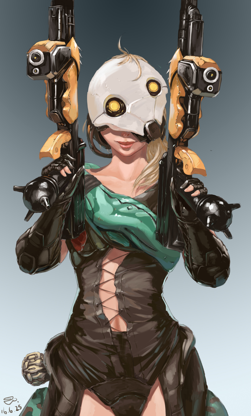 absurdres armor blonde_hair clem commentary_request dual_wielding female genderswap_(mtf) grineer gun highres holding holding_gun holding_weapon kiraxivcoffee mask photoshop_(medium) rule_63 secondary_weapon_(warframe) smile solo submachine_gun warframe weapon