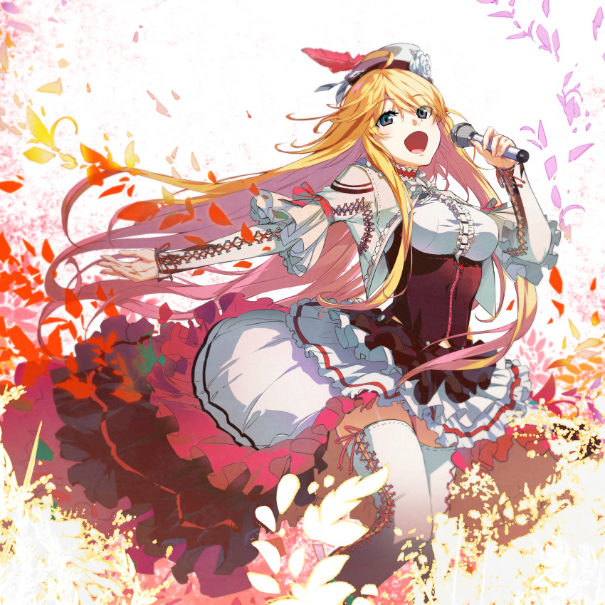 absurdres album_cover blonde_hair boots commentary_request cover dies_irae dress_shirt feathers female floating_hair flower g_yuusuke grey_eyes hair_between_eyes hat hat_feather hat_flower highres holding holding_microphone layered_skirt long_hair marie_(dies_irae) microphone miniskirt red_feathers shiny_skin shinza_bansho_series shirt skirt solo thigh_boots thighhighs very_long_hair white_background white_flower white_footwear white_hat white_shirt white_skirt