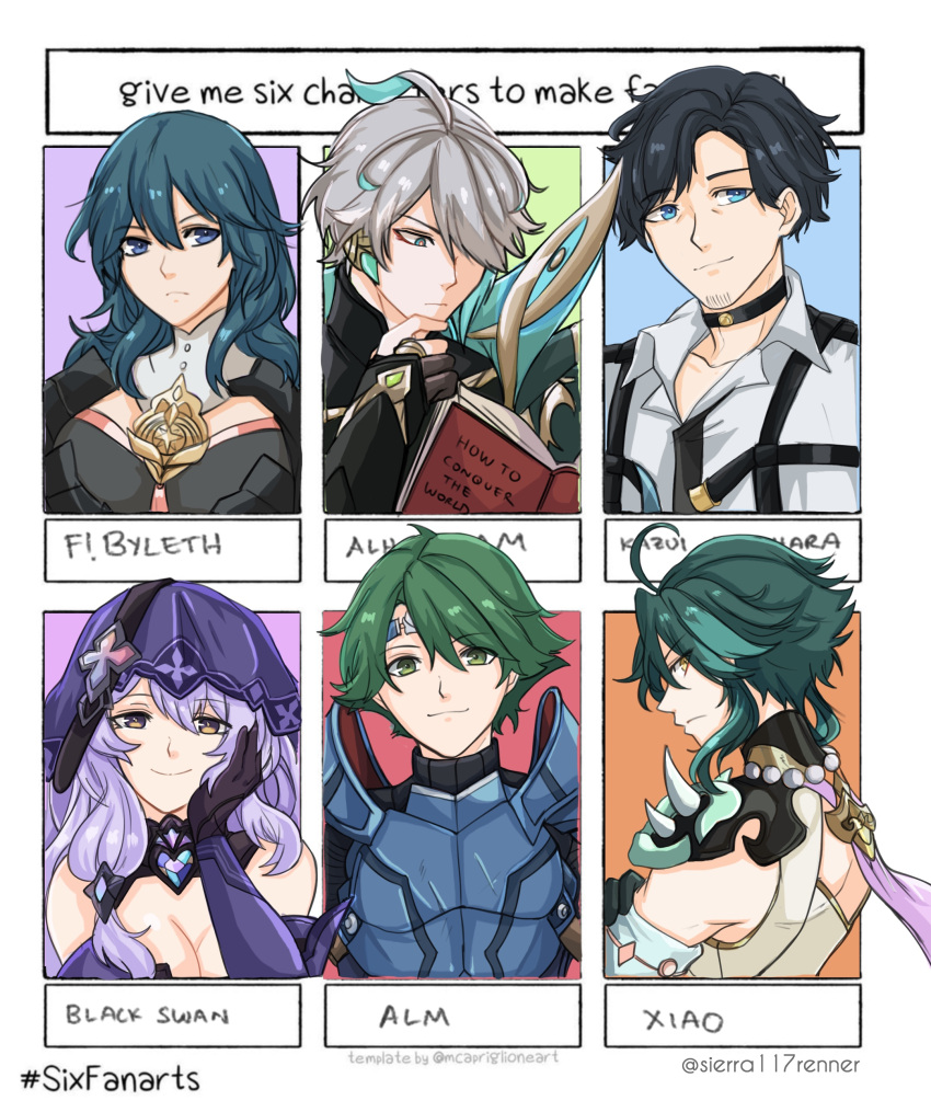 2girls 4boys absurdres ahoge alhaitham_(genshin_impact) alm_(fire_emblem) armor bare_shoulders black_gloves black_hair black_swan_(honkai:_star_rail) blue_eyes blue_hair book breastplate breasts byleth_(female)_(fire_emblem) byleth_(fire_emblem) cleavage commentary_request company_connection crossover elbow_gloves fire_emblem fire_emblem:_three_houses fire_emblem_echoes:_shadows_of_valentia genshin_impact gloves green_hair grey_eyes grey_hair highres honkai:_star_rail honkai_(series) long_hair mihoyo milgram mukuhara_kazui multiple_boys multiple_drawing_challenge multiple_girls purple_hair shirt sierra117renner six_fanarts_challenge veil white_shirt xiao_(genshin_impact)