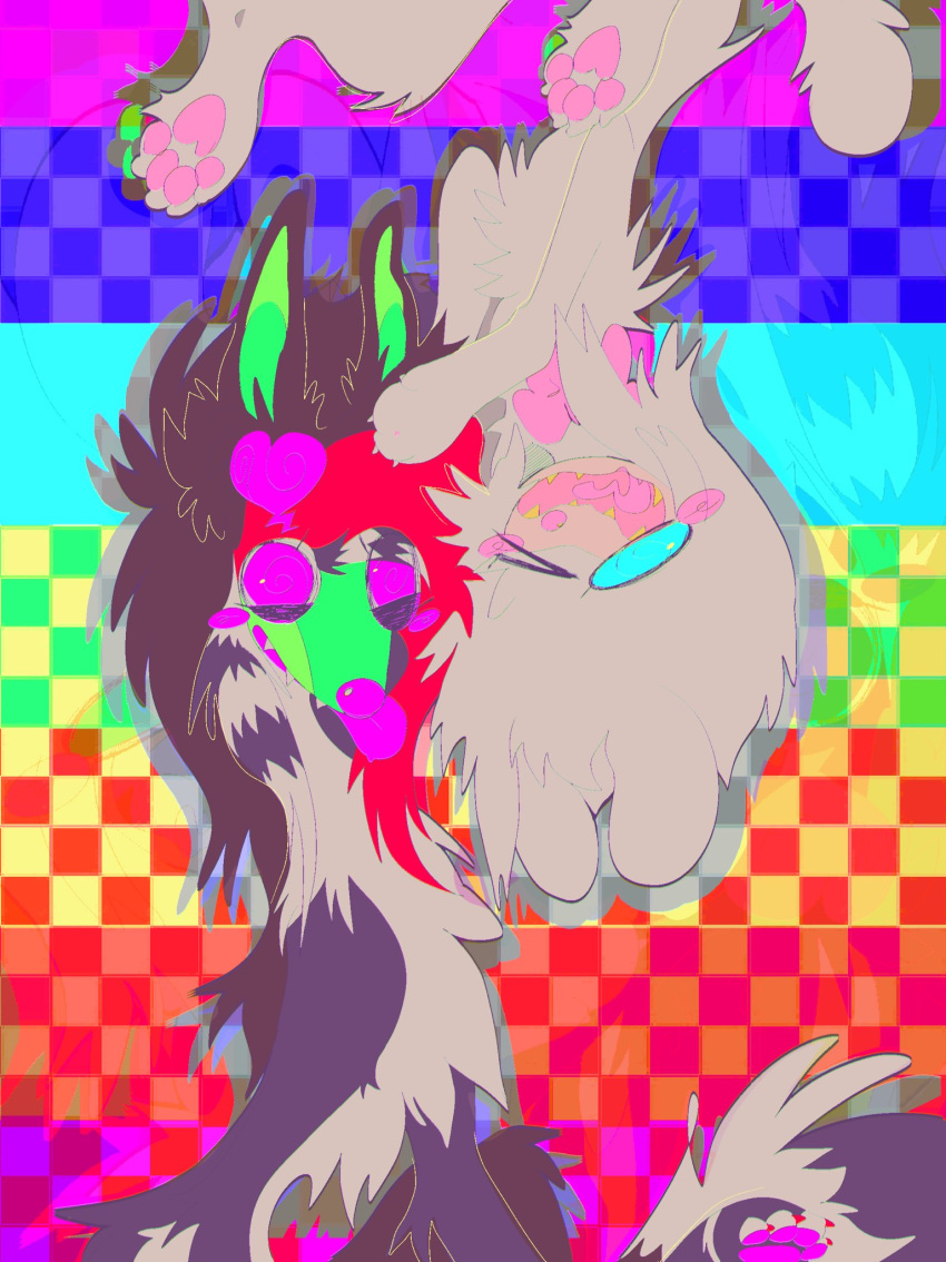 alternative_fashion ambiguous_gender bright_colors canid canine canis colorful_theme coontail_hair domestic_dog duo feral fr34kpet glamfur hi_res mammal open_mouth open_smile scene_(fashion) scene_haircut smile sparklefur