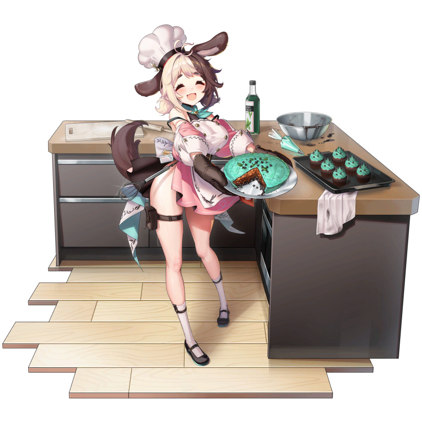 animal_ear_fluff animal_ears ankle_socks apron back_bow bare_shoulders belt black_belt black_footwear blush bow bowl breasts brown_hair buttons chef_hat chocolate_chip chocolate_tart closed_eyes counter cupcake cutting_board dispenser dog_ears dog_girl dog_tail double-breasted dress english_text female food full_body glass_bottle green_neckerchief grey_hair hachiko_of_castling hat heart highres holding holding_plate huge_bow kitchen large_breasts last_origin low_twintails mary_janes mel_(dodosae) melting mint mint_chocolate multicolored_hair neckerchief oerba_yun_fang off-shoulder_dress off_shoulder official_alternate_costume official_art open_mouth oven oven_mitts pastry_bag pigeon-toed pink_dress plate pouch puffy_sleeves rag rolling_pin shoes short_dress short_twintails side_slit sidelocks socks solo spice split-color_hair standing tachi-e tail tareme thick_eyebrows thick_thighs thigh_belt thigh_pouch thigh_strap thighs third-party_source tongue transparent_background tray twintails two-tone_hair valentine whisk white_apron white_bow white_hat white_socks wooden_floor