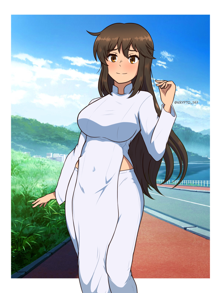 absurdres blush breasts brown_eyes brown_hair closed_mouth covered_navel dress female highres impossible_clothes josephscrand kyochuu_rettou large_breasts long_hair looking_at_viewer oribe_mutsumi outdoors pants sky smile solo vietnamese_clothes vietnamese_dress white_dress white_pants