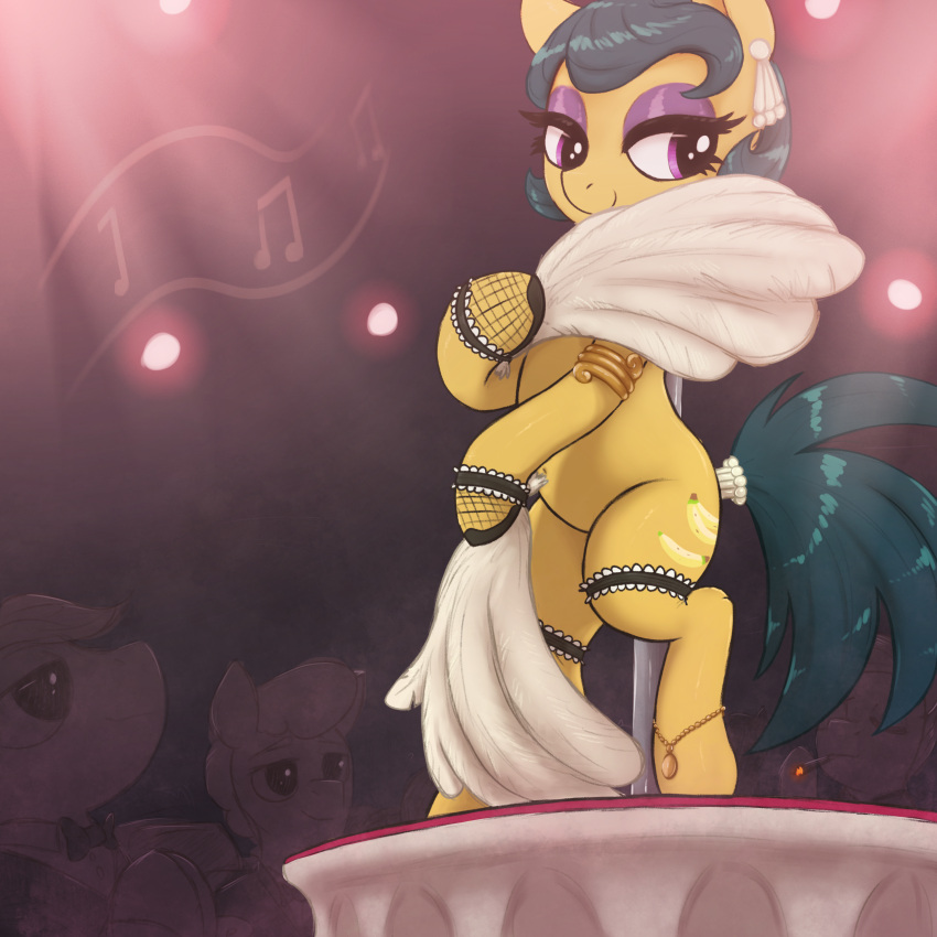 1:1 absurd_res burlesque cleopatra_jazz_(mlp) dancing ear_piercing ear_ring earth_pony equid equine eyelashes female friendship_is_magic hair hand_fan hasbro hi_res hooves horse legband mammal my_little_pony on_stage piercing pony pupils quadruped ring_piercing smile solo_focus t72b thick_thighs thighband