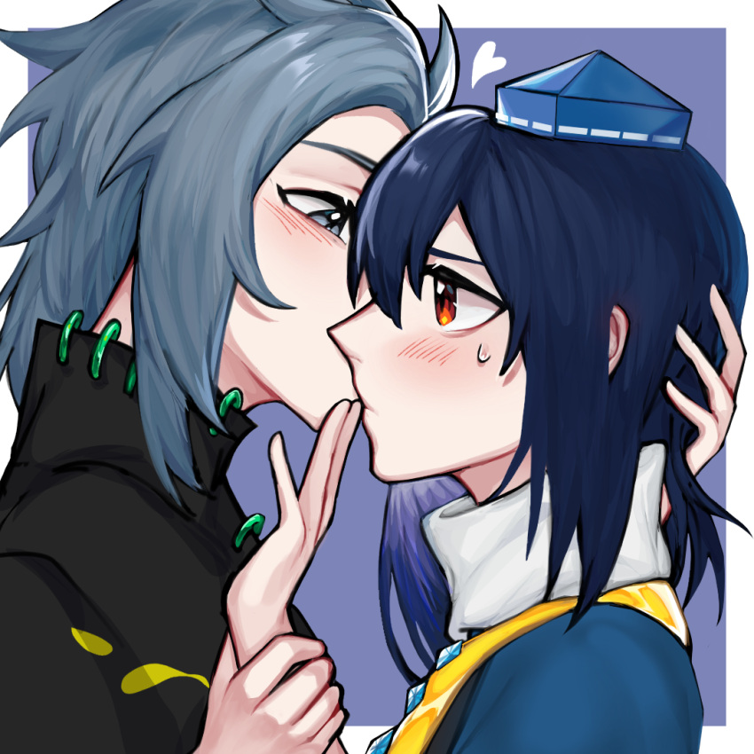 2girls black_shirt blue_hair blue_headwear blue_jacket blush chinese_commentary closed_mouth commentary_request dark_blue_hair grey_eyes grey_hair hat heart himemushi_momoyo iizunamaru_megumu jacket medium_hair multiple_girls red_eyes ribbon-trimmed_headwear ribbon_trim shirt sweat tokin_hat touhou white_shirt xianyujunzhimiyingla yuri