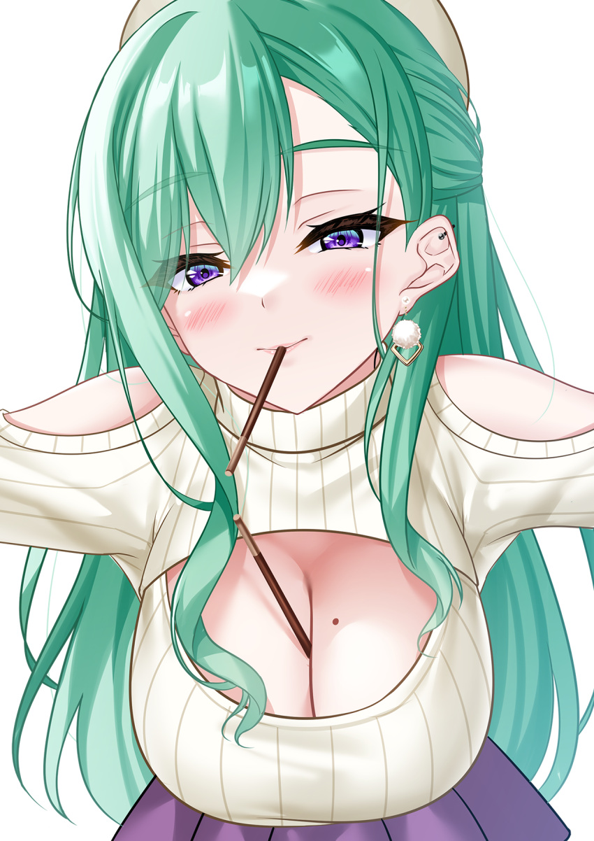 bent_over between_breasts blush breasts cleavage cleavage_cutout clothing_cutout ear_piercing earrings female food food_in_mouth green_hair hair_behind_ear hanging_breasts hat highres hisame_shiki holding holding_food holding_pocky jewelry large_breasts long_hair looking_at_viewer meme_attire mole mole_on_breast mouth_hold open-chest_sweater outstretched_arms piercing pleated_skirt pocky pocky_in_mouth pom_pom_(clothes) pom_pom_earrings purple_eyes purple_skirt ribbed_sweater shoulder_cutout skirt solo sweater swept_bangs turtleneck turtleneck_sweater very_long_hair virtual_youtuber vspo! white_background white_hat white_sweater yakumo_beni yakumo_beni_(3rd_costume)