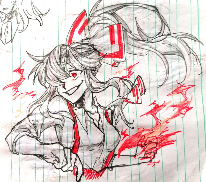 absurdres bow breasts chinese_commentary commentary_request female fire fujiwara_no_mokou graphite_(medium) grin hairbow highres long_hair marker_(medium) medium_breasts ponytail pyrokinesis red_hair sleeves_rolled_up smile solo touhou traditional_media xianyujunzhimiyingla