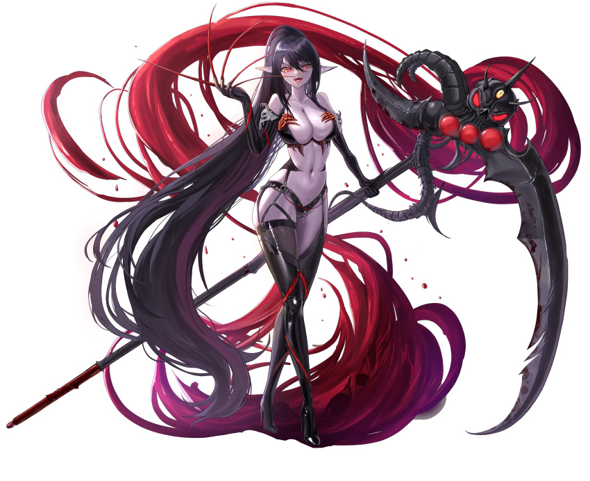 absurdly_long_hair absurdres black_hair blood boots breasts colored_skin crossed_legs demon demon_girl dungeon_and_fighter elbow_gloves fangs female fingernails full_body garter_straps gloves high_heel_boots high_heels highres holding holding_scythe large_breasts long_fingernails long_hair looking_at_viewer navel pointy_ears ponytail purple_skin red_eyes revealing_clothes scythe semicolon9991 sharp_fingernails solo standing thigh_boots tongue tongue_out very_long_hair watson_cross white_background