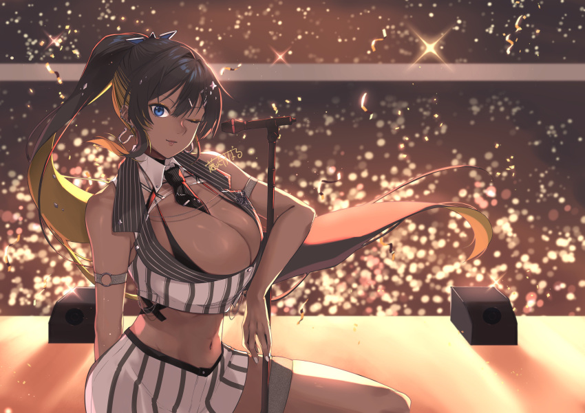 absurdres bare_shoulders belly between_breasts black_hair black_necktie blonde_hair blue_eyes breasts cleavage colored_inner_hair commentary_request concert dark-skinned_female dark_skin earrings female fujisaki_subaru goddess_of_victory:_nikke highres horseshoe_earrings huge_breasts jewelry legwear_garter long_hair looking_at_viewer microphone microphone_stand multicolored_hair nail_polish navel necktie necktie_between_breasts noise_(classic_diva)_(nikke) noise_(nikke) official_alternate_costume one_eye_closed ponytail shorts single_legwear_garter solo thighs white_nails