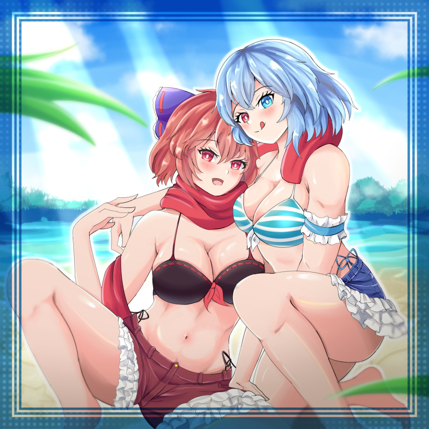 2girls :q absurdres barefoot beach bikini blue_eyes blue_hair blue_sky bow breasts cleavage cloud commentary english_commentary frilled_bikini frills ginari hairbow highres large_breasts light_rays looking_at_viewer multiple_girls navel outdoors red_eyes red_hair red_scarf scarf sekibanki sekibanki_(dullahan_on_the_beach) short_hair sky striped_bikini striped_clothes swimsuit tatara_kogasa tatara_kogasa_(beach_umbrella_castaway) thighs tongue tongue_out touhou touhou_lostword yuri